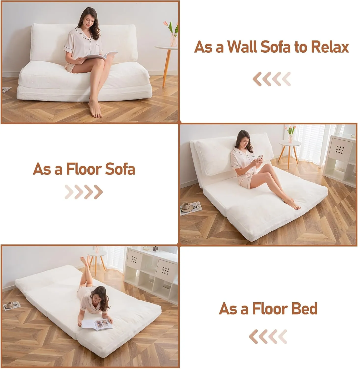 MAXYOYO Bean Bag Bed Folding Sofa Bed Floor Mattress for Adults, Extra Thick and Long Floor Sofa with Faux Fur Washable Cover, Full Floor Couch Bed for Bedroom Living Room, Cream White, 54x95 Inch