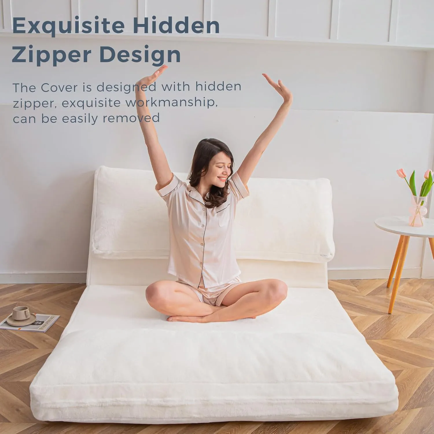 MAXYOYO Bean Bag Bed Folding Sofa Bed Floor Mattress for Adults, Extra Thick and Long Floor Sofa with Faux Fur Washable Cover, Full Floor Couch Bed for Bedroom Living Room, Cream White, 54x95 Inch