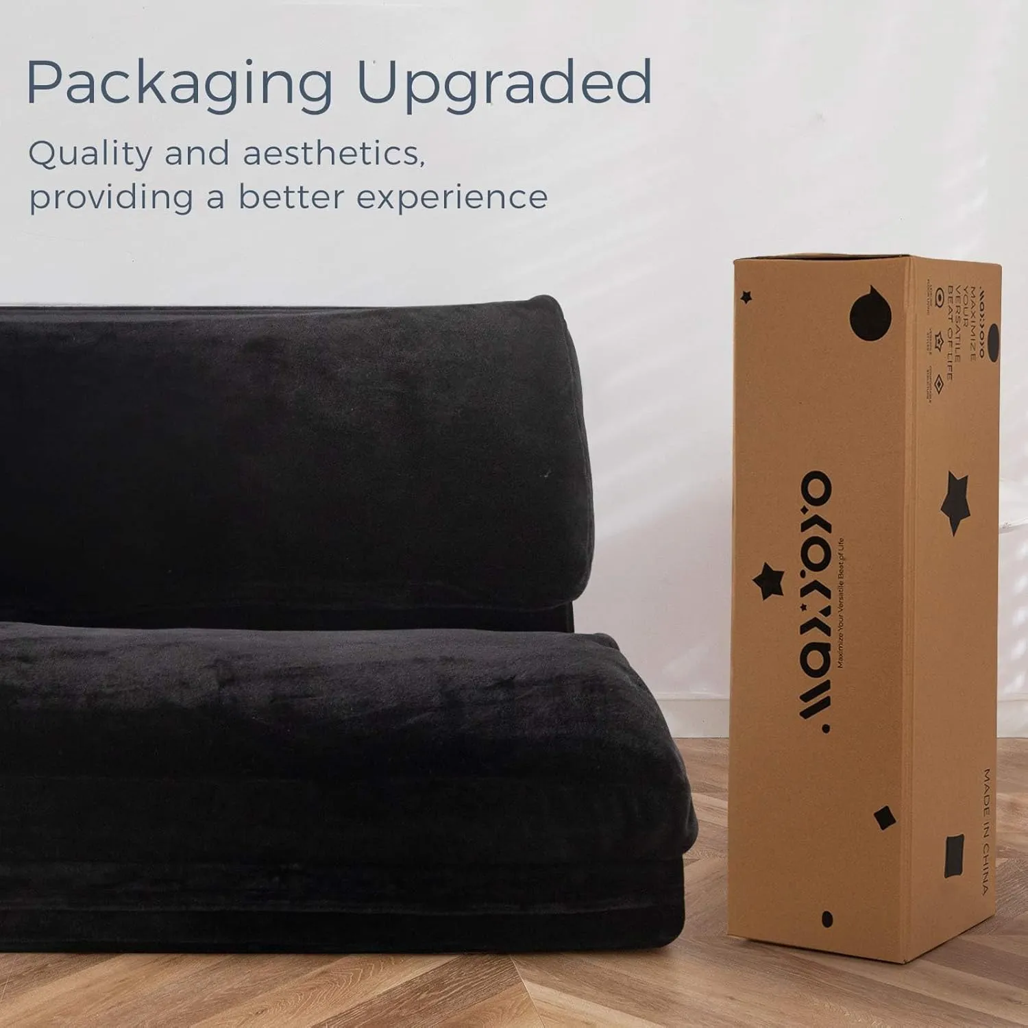 MAXYOYO Bean Bag Bed Folding Sofa Bed Floor Mattress for Adults, Extra Thick and Long Floor Sofa with Faux Fur Washable Cover, Single Floor Couch Bed for Bedroom Living Room, Black, 30x95 Inch