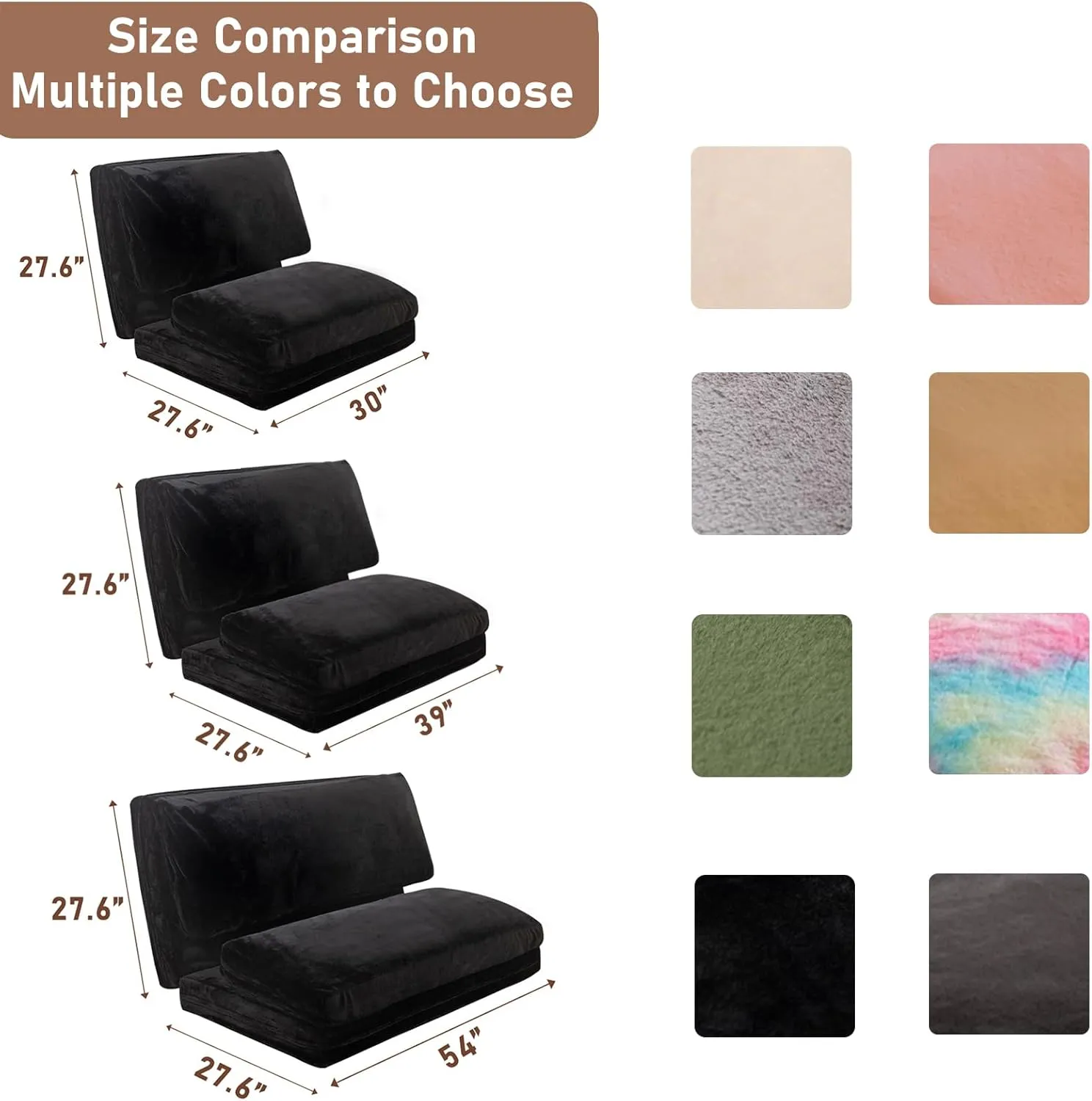 MAXYOYO Bean Bag Bed Folding Sofa Bed Floor Mattress for Adults, Extra Thick and Long Floor Sofa with Faux Fur Washable Cover, Single Floor Couch Bed for Bedroom Living Room, Black, 30x95 Inch