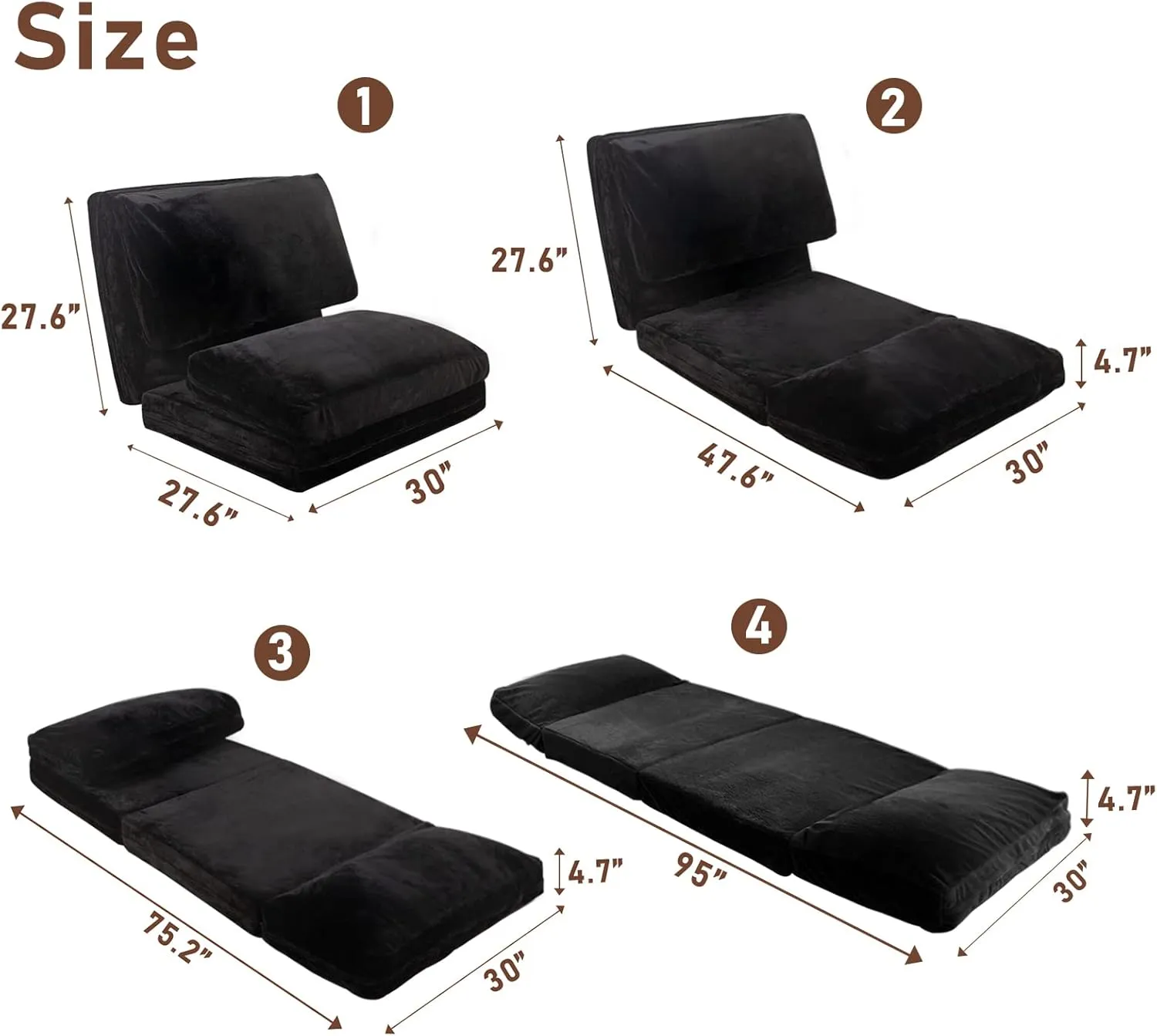 MAXYOYO Bean Bag Bed Folding Sofa Bed Floor Mattress for Adults, Extra Thick and Long Floor Sofa with Faux Fur Washable Cover, Single Floor Couch Bed for Bedroom Living Room, Black, 30x95 Inch
