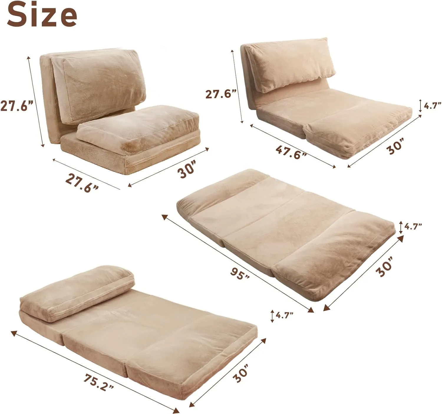 MAXYOYO Bean Bag Bed Folding Sofa Bed Floor Mattress for Adults, Extra Thick and Long Floor Sofa with Faux Fur Washable Cover, Single Floor Couch Bed for Bedroom Living Room, Brown, 30x95 Inch