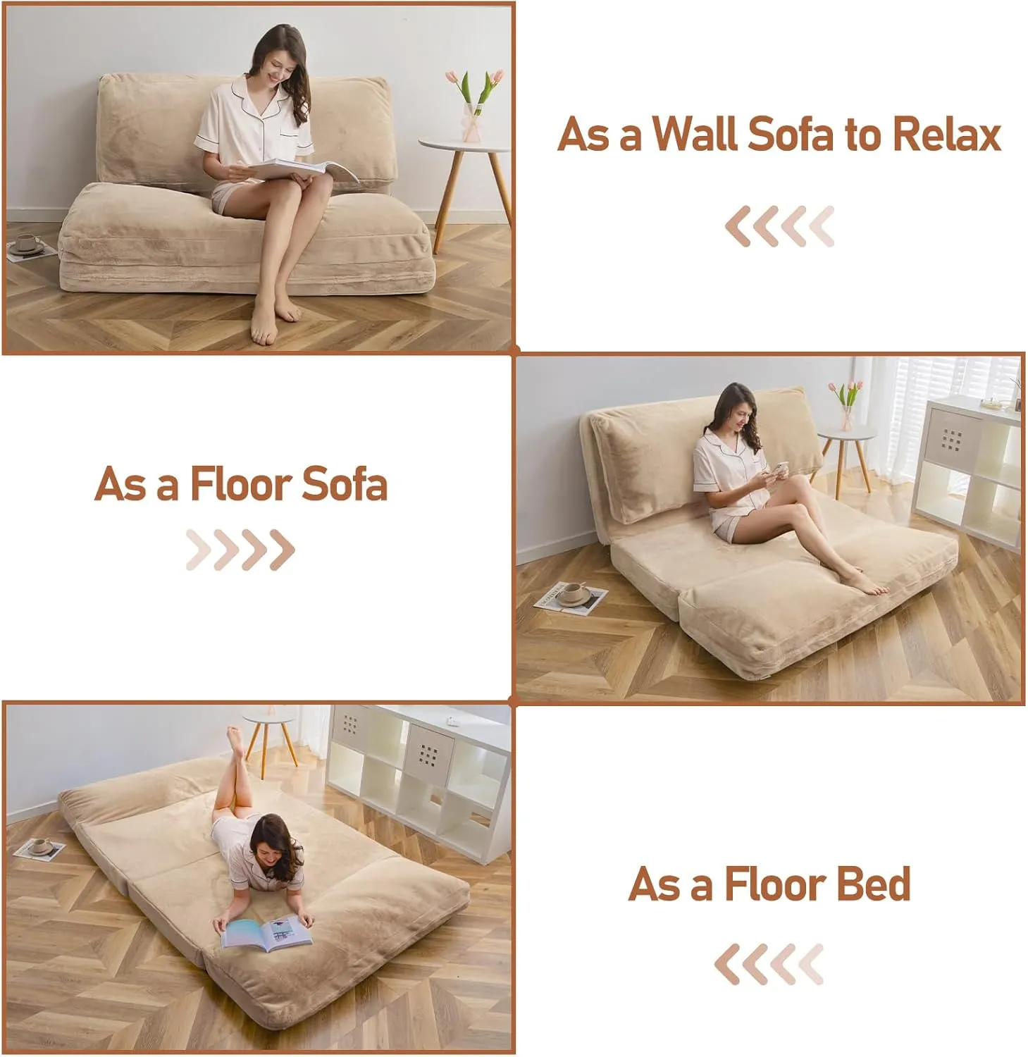 MAXYOYO Bean Bag Bed Folding Sofa Bed Floor Mattress for Adults, Extra Thick and Long Floor Sofa with Faux Fur Washable Cover, Single Floor Couch Bed for Bedroom Living Room, Brown, 30x95 Inch