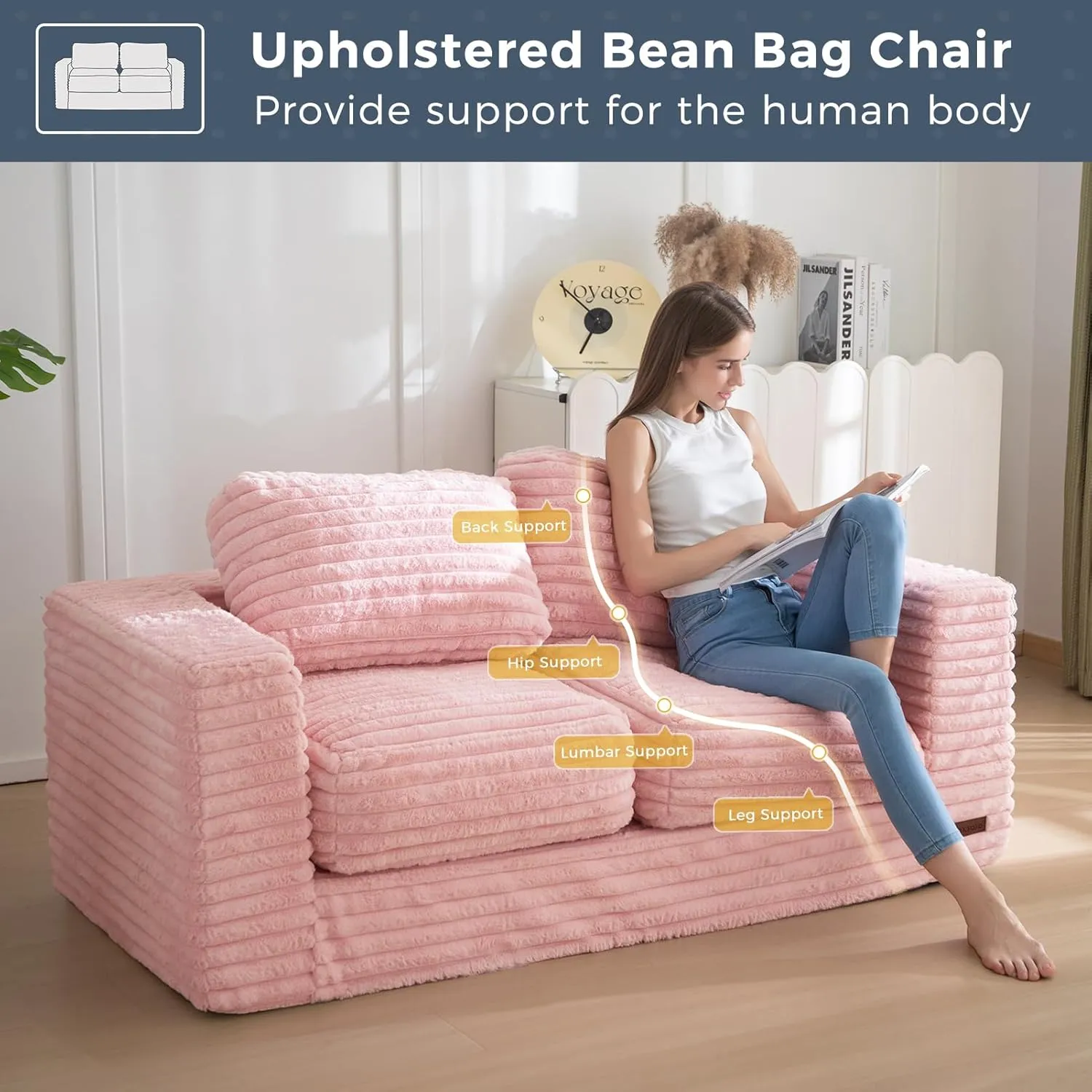 MAXYOYO Bean Bag Chair, Two-seat Bean Bag Sofa with Pillows and Armrests for Adults, Upholstered Loveseat Floor Sofa Couch Fluffy Chair Bean Bag Couch for Bedroom Living Room, Pink