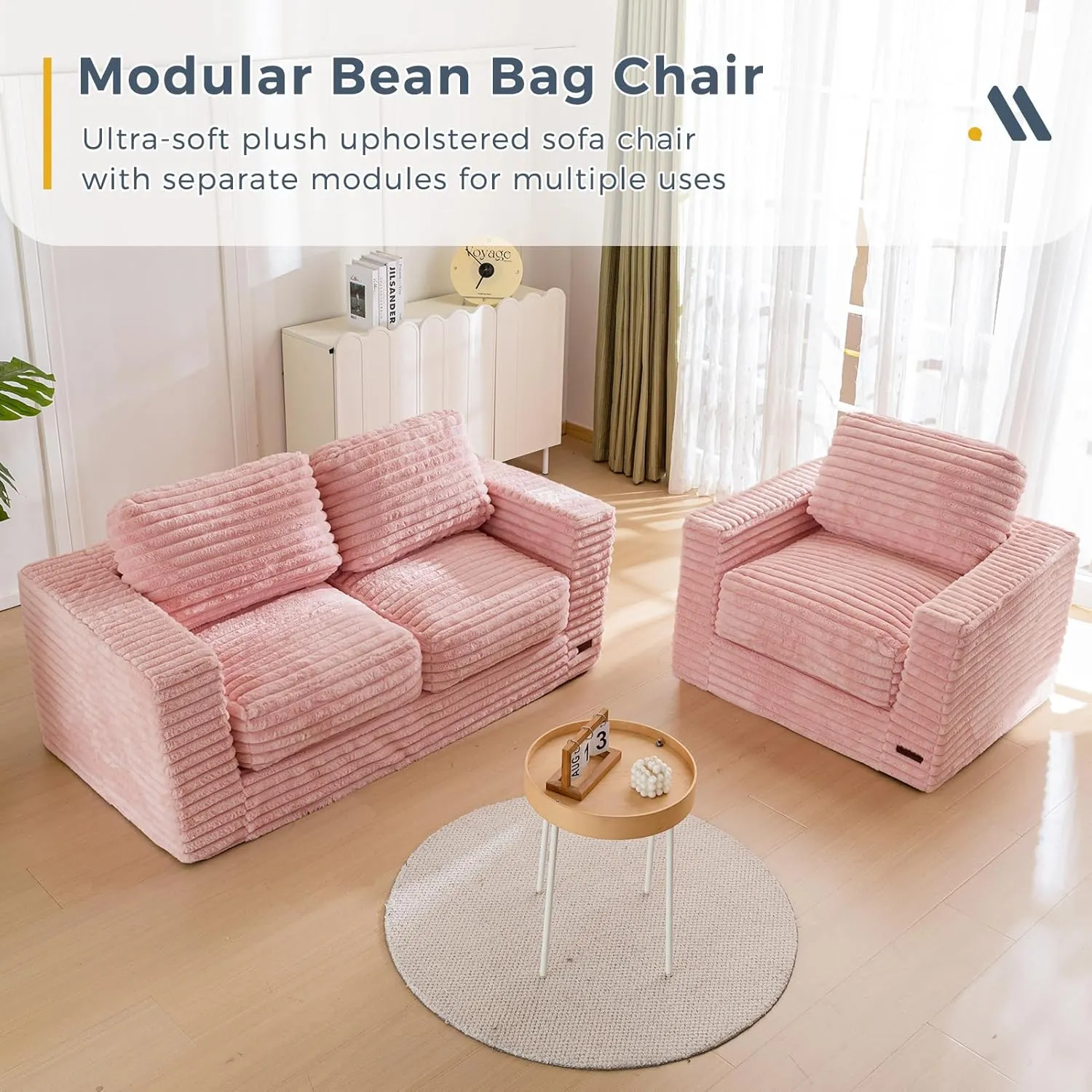 MAXYOYO Bean Bag Chair, Two-seat Bean Bag Sofa with Pillows and Armrests for Adults, Upholstered Loveseat Floor Sofa Couch Fluffy Chair Bean Bag Couch for Bedroom Living Room, Pink