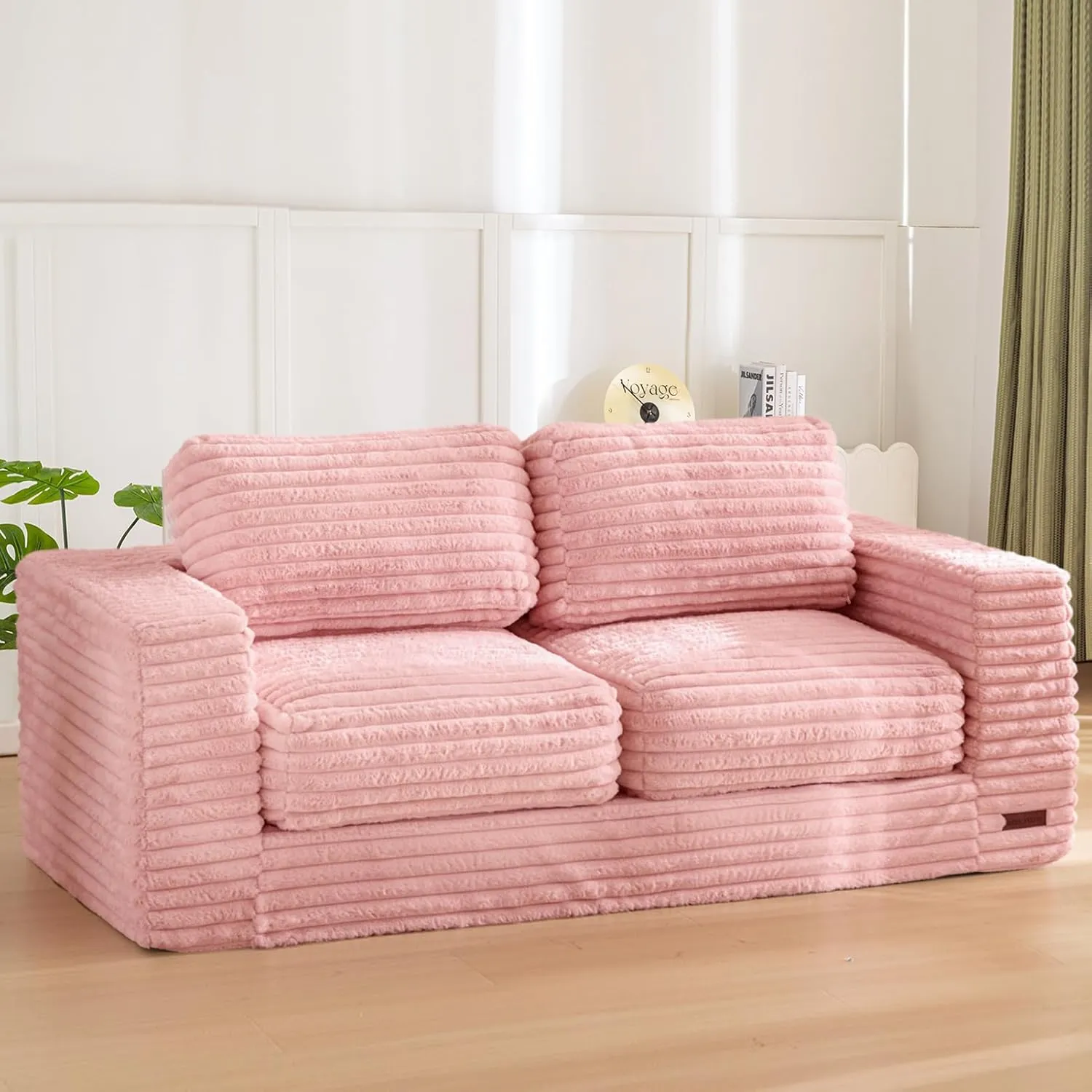 MAXYOYO Bean Bag Chair, Two-seat Bean Bag Sofa with Pillows and Armrests for Adults, Upholstered Loveseat Floor Sofa Couch Fluffy Chair Bean Bag Couch for Bedroom Living Room, Pink