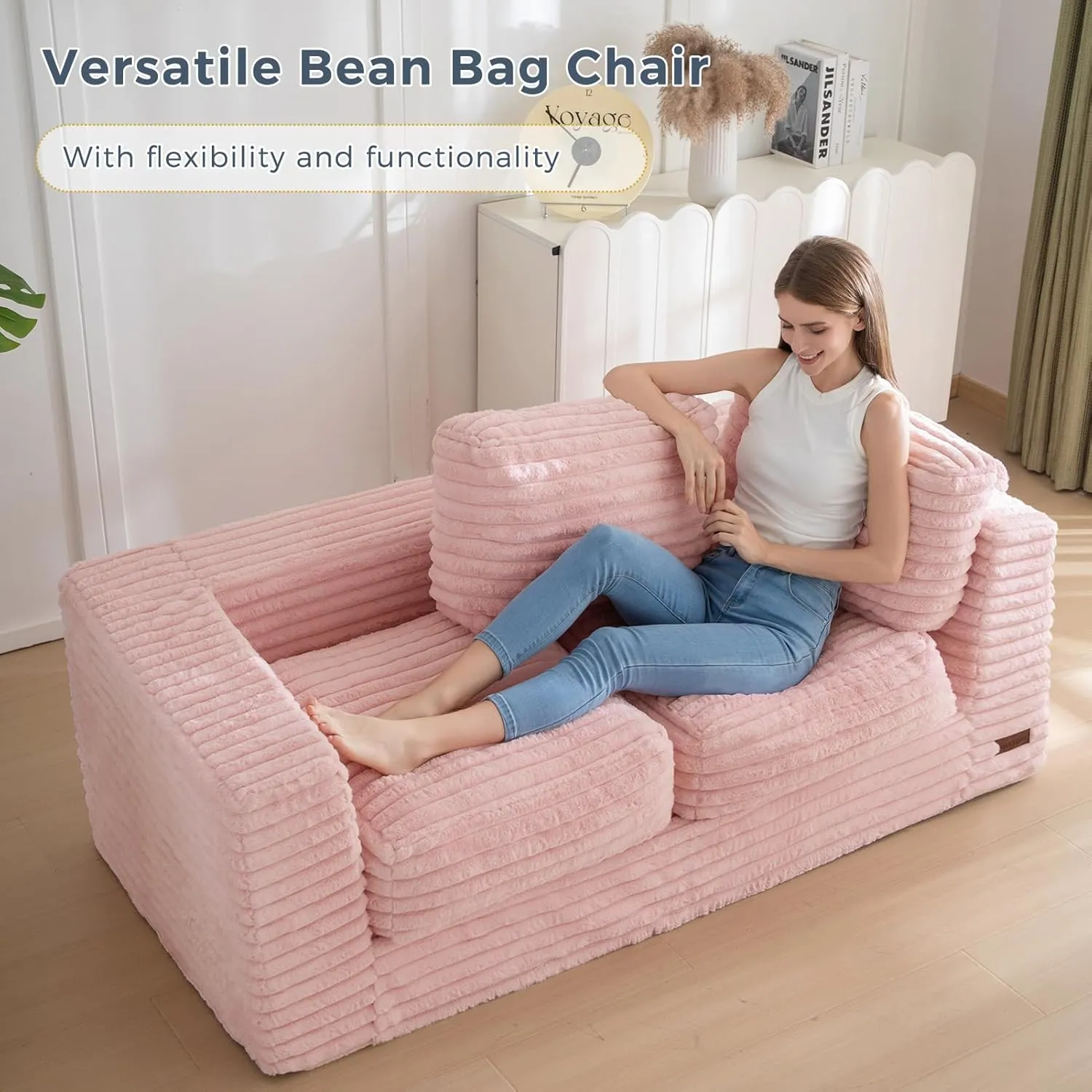 MAXYOYO Bean Bag Chair, Two-seat Bean Bag Sofa with Pillows and Armrests for Adults, Upholstered Loveseat Floor Sofa Couch Fluffy Chair Bean Bag Couch for Bedroom Living Room, Pink