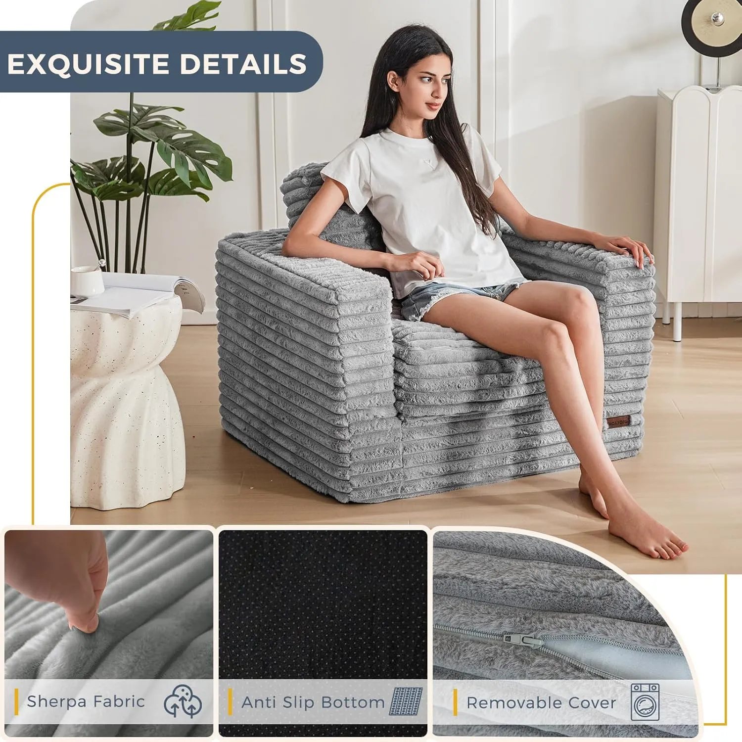 MAXYOYO Giant Bean Bag Chair for Adults, Upholstered Floor Sofa with Pillows and Armrests, Large Bean Bag Sofa Plush Chair Bean Bag Couch for Bedroom Living Room, Dark Grey