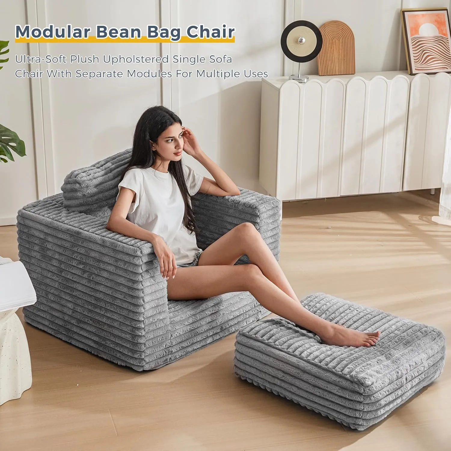 MAXYOYO Giant Bean Bag Chair for Adults, Upholstered Floor Sofa with Pillows and Armrests, Large Bean Bag Sofa Plush Chair Bean Bag Couch for Bedroom Living Room, Grey