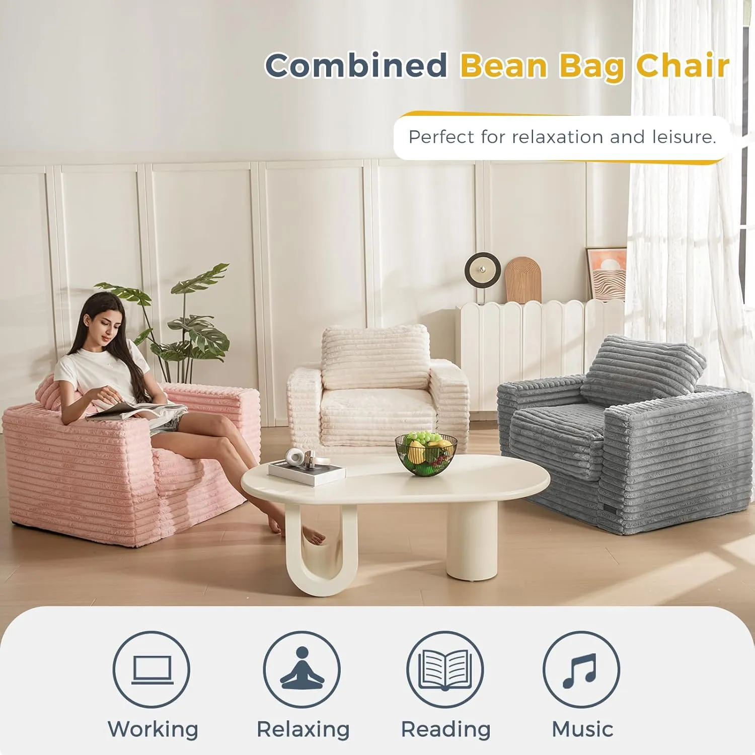 MAXYOYO Giant Bean Bag Chair for Adults, Upholstered Floor Sofa with Pillows and Armrests, Large Bean Bag Sofa Plush Chair Bean Bag Couch for Bedroom Living Room, Pink