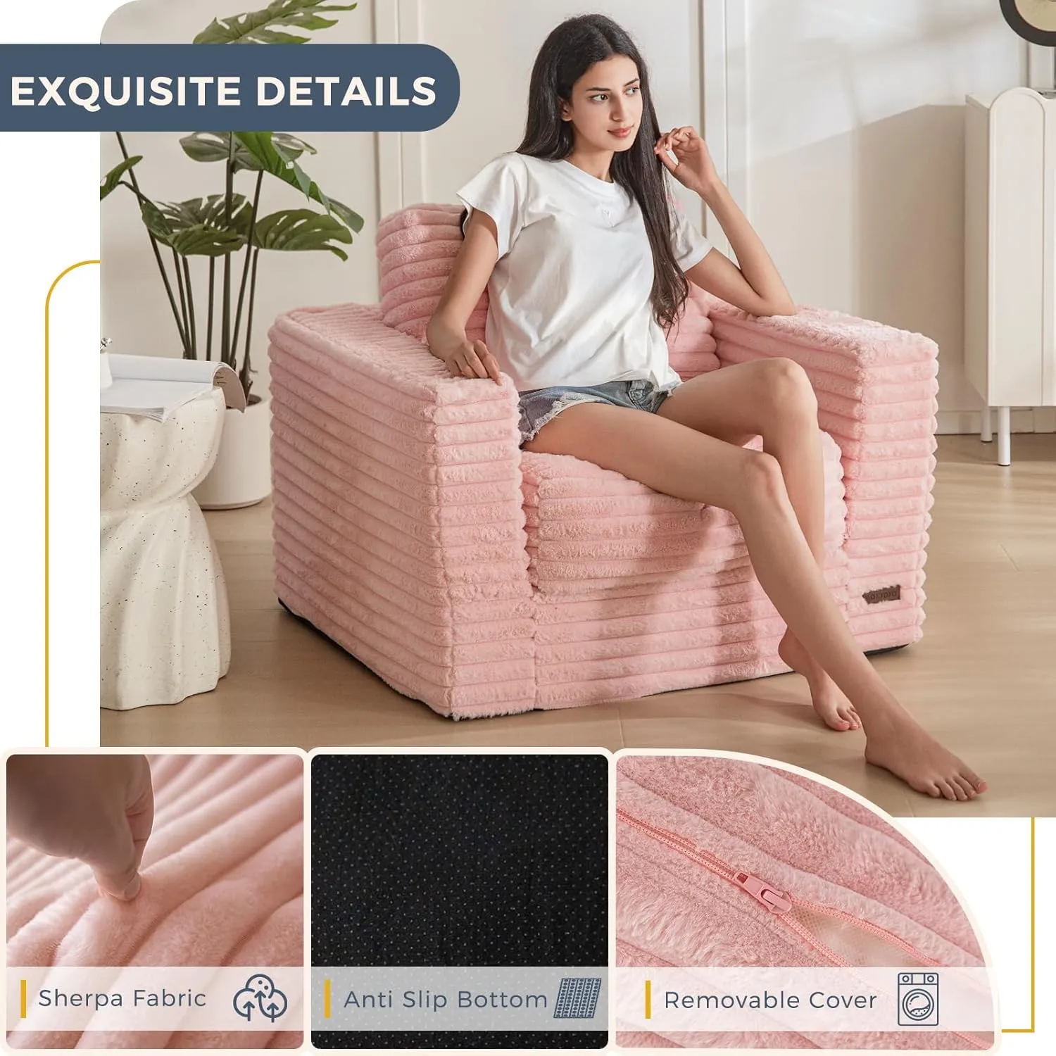 MAXYOYO Giant Bean Bag Chair for Adults, Upholstered Floor Sofa with Pillows and Armrests, Large Bean Bag Sofa Plush Chair Bean Bag Couch for Bedroom Living Room, Pink