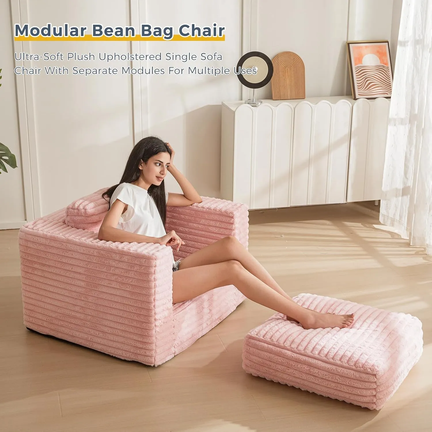 MAXYOYO Giant Bean Bag Chair for Adults, Upholstered Floor Sofa with Pillows and Armrests, Large Bean Bag Sofa Plush Chair Bean Bag Couch for Bedroom Living Room, Pink