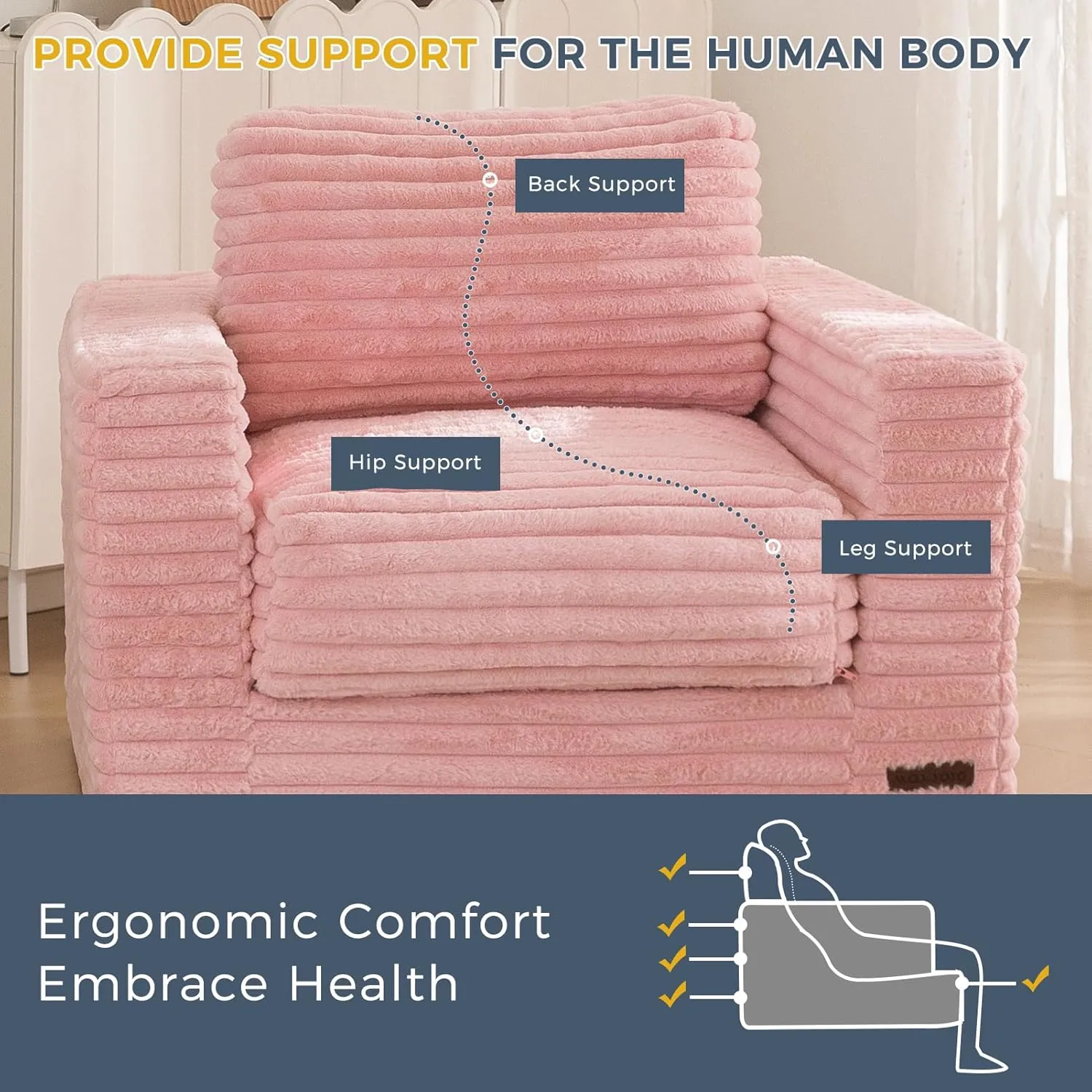 MAXYOYO Giant Bean Bag Chair for Adults, Upholstered Floor Sofa with Pillows and Armrests, Large Bean Bag Sofa Plush Chair Bean Bag Couch for Bedroom Living Room, Pink