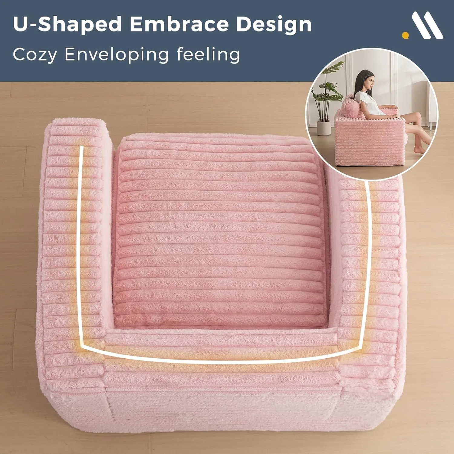MAXYOYO Giant Bean Bag Chair for Adults, Upholstered Floor Sofa with Pillows and Armrests, Large Bean Bag Sofa Plush Chair Bean Bag Couch for Bedroom Living Room, Pink