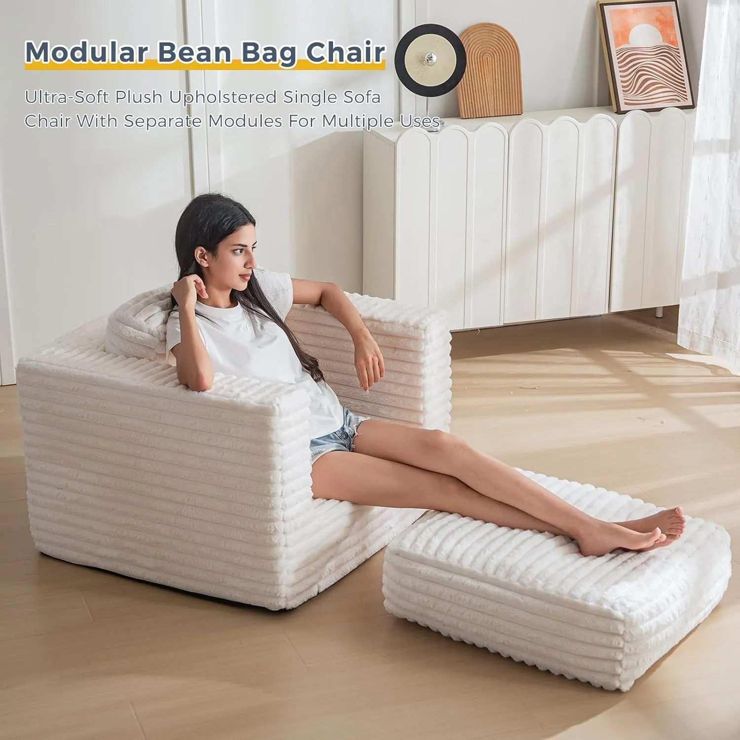 MAXYOYO Giant Bean Bag Chair for Adults, Upholstered Floor Sofa with Pillows and Armrests, Large Bean Bag Sofa Plush Chair Bean Bag Couch for Bedroom Living Room, White