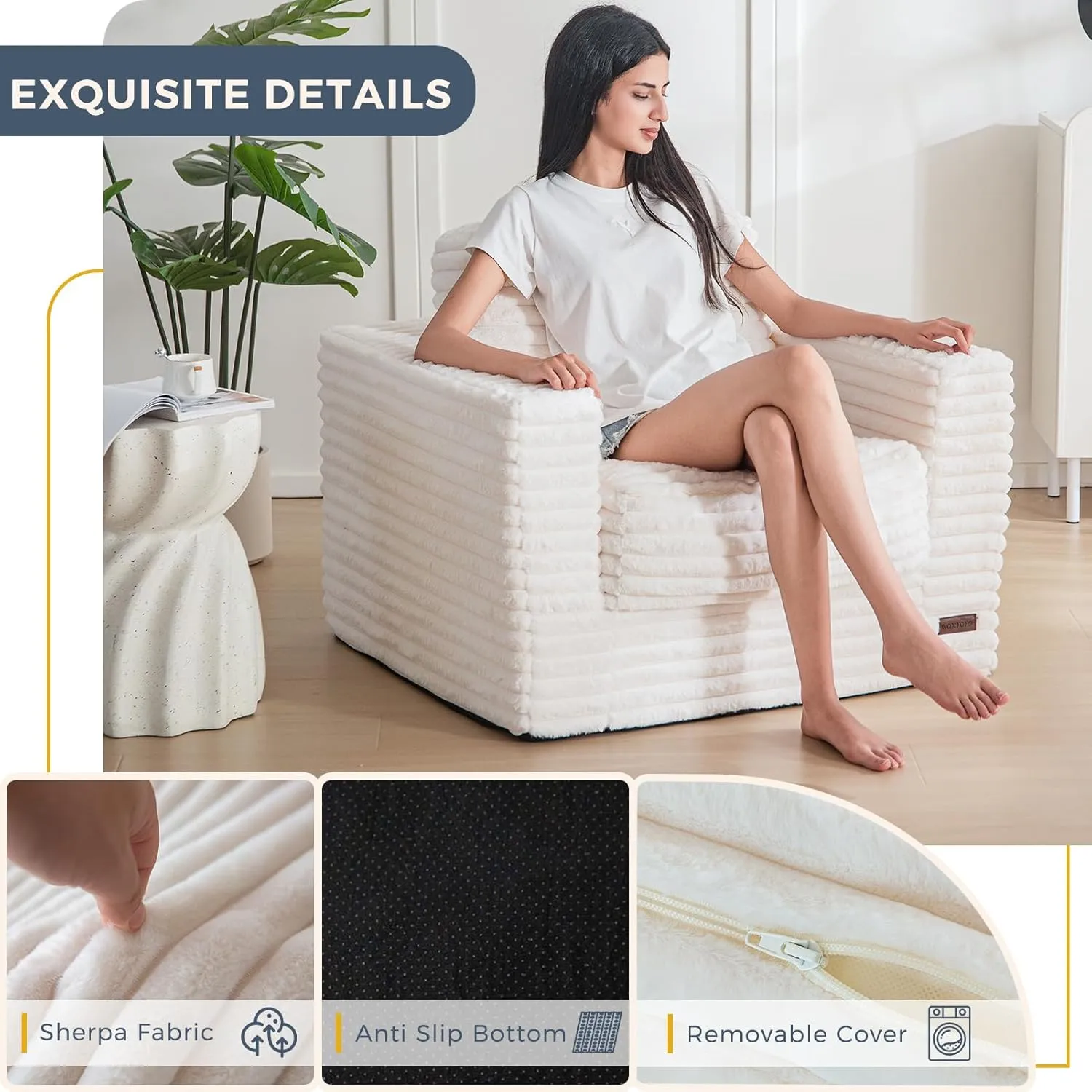 MAXYOYO Giant Bean Bag Chair for Adults, Upholstered Floor Sofa with Pillows and Armrests, Large Bean Bag Sofa Plush Chair Bean Bag Couch for Bedroom Living Room, White
