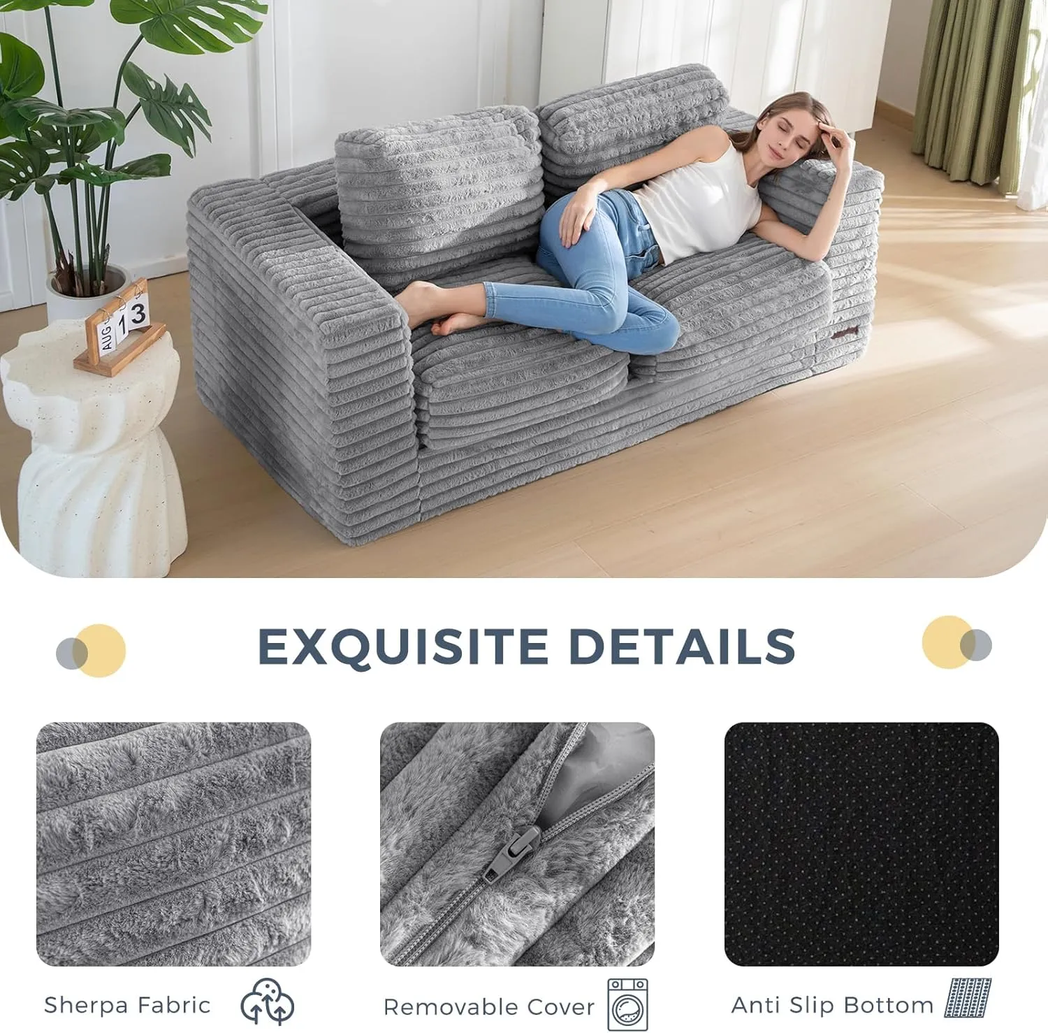 MAXYOYO Giant Bean Bag Chair for Adults, Upholstered Loveseat Floor Sofa with Pillows and Armrests, Large Bean Bag Sofa Plush Chair Bean Bag Couch for Bedroom Living Room, Grey