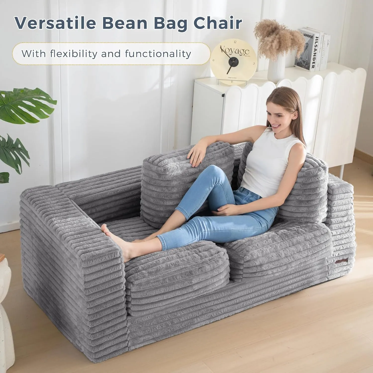 MAXYOYO Giant Bean Bag Chair for Adults, Upholstered Loveseat Floor Sofa with Pillows and Armrests, Large Bean Bag Sofa Plush Chair Bean Bag Couch for Bedroom Living Room, Grey