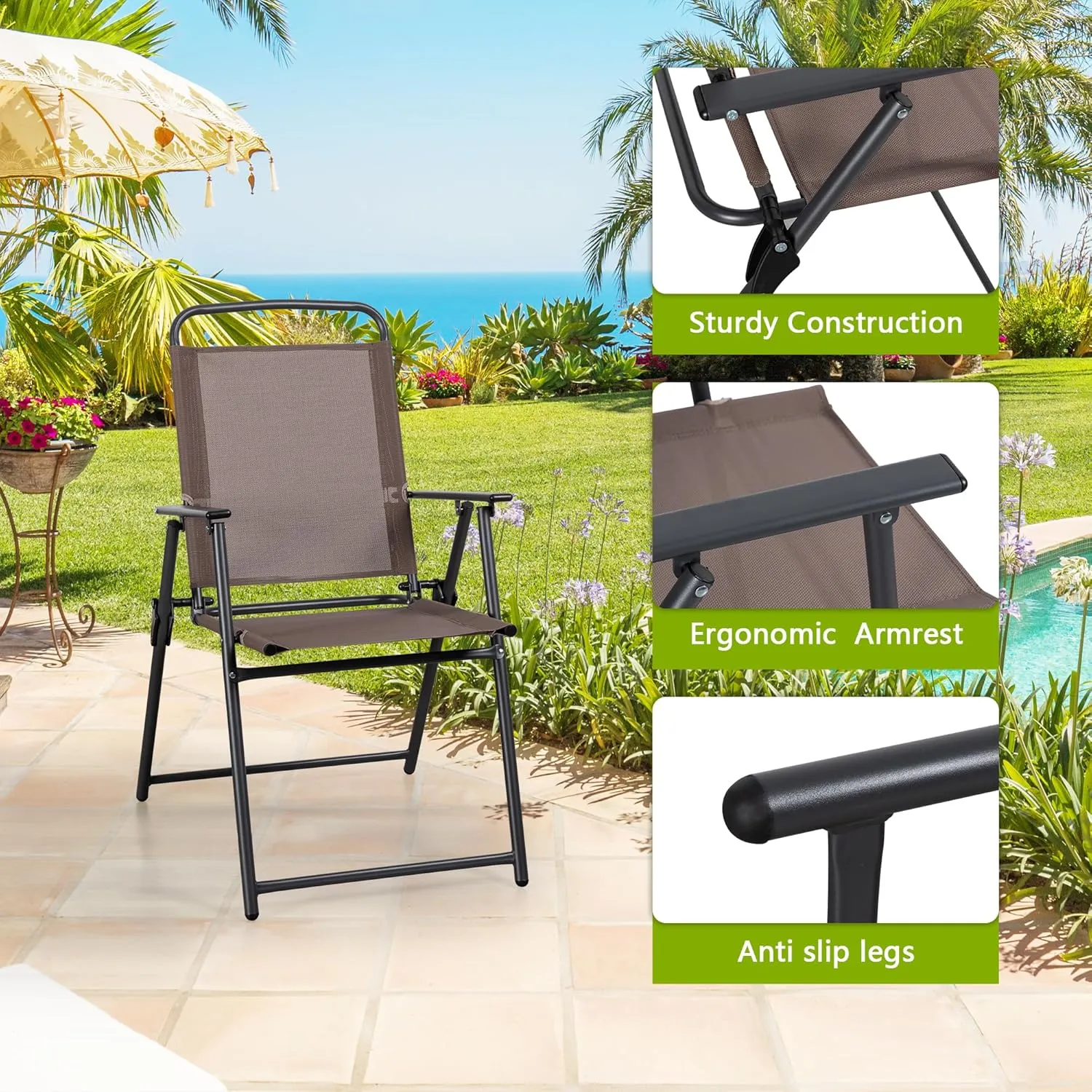 Meilocar 4 Pack Patio Folding Chairs, Outdoor Portable Dining Chairs, All Weather Lightweight Foldable Chair with Armrests for Lawn Garden Porch and Pool, Brown