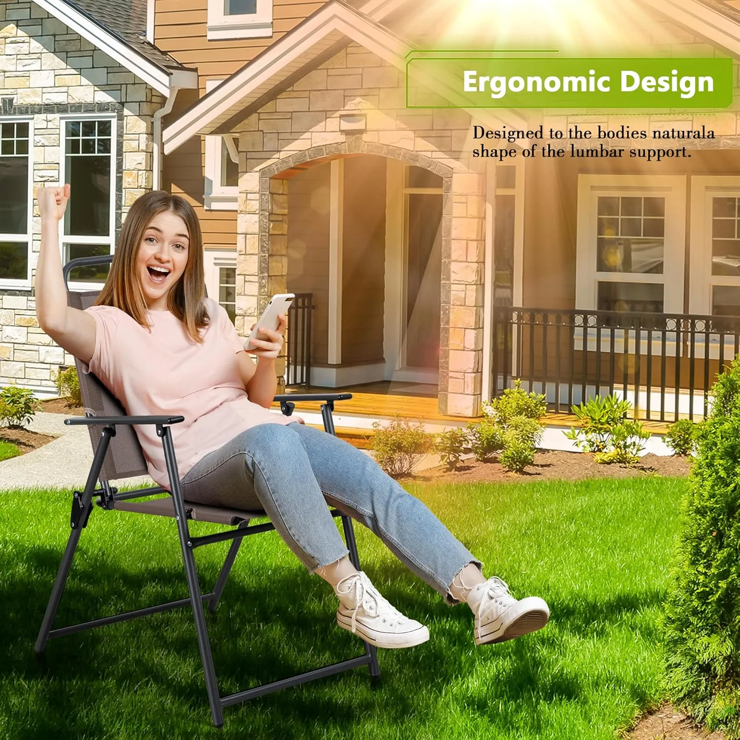 Meilocar 4 Pack Patio Folding Chairs, Outdoor Portable Dining Chairs, All Weather Lightweight Foldable Chair with Armrests for Lawn Garden Porch and Pool, Brown