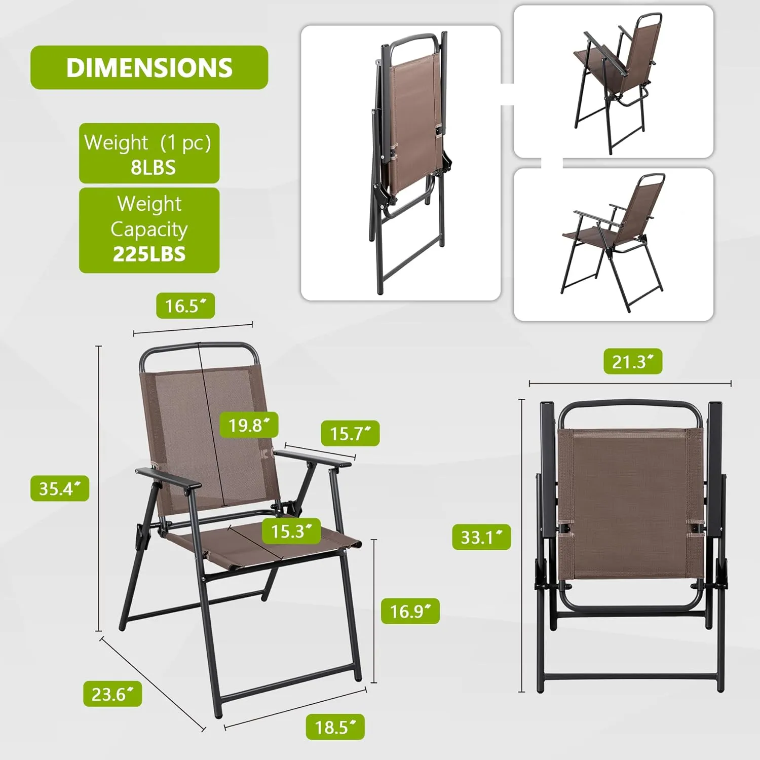 Meilocar 4 Pack Patio Folding Chairs, Outdoor Portable Dining Chairs, All Weather Lightweight Foldable Chair with Armrests for Lawn Garden Porch and Pool, Brown