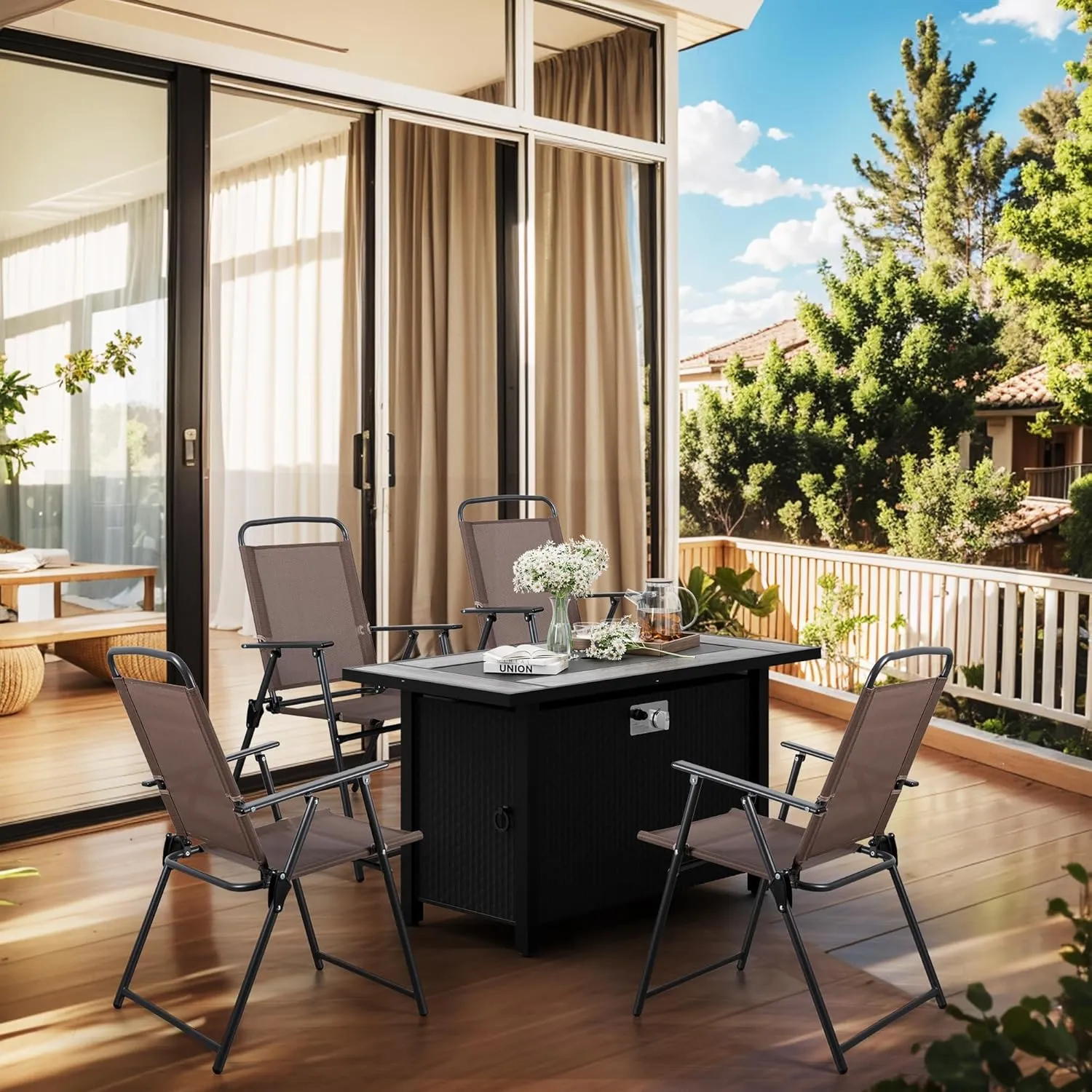 Meilocar 4 Pack Patio Folding Chairs, Outdoor Portable Dining Chairs, All Weather Lightweight Foldable Chair with Armrests for Lawn Garden Porch and Pool, Brown