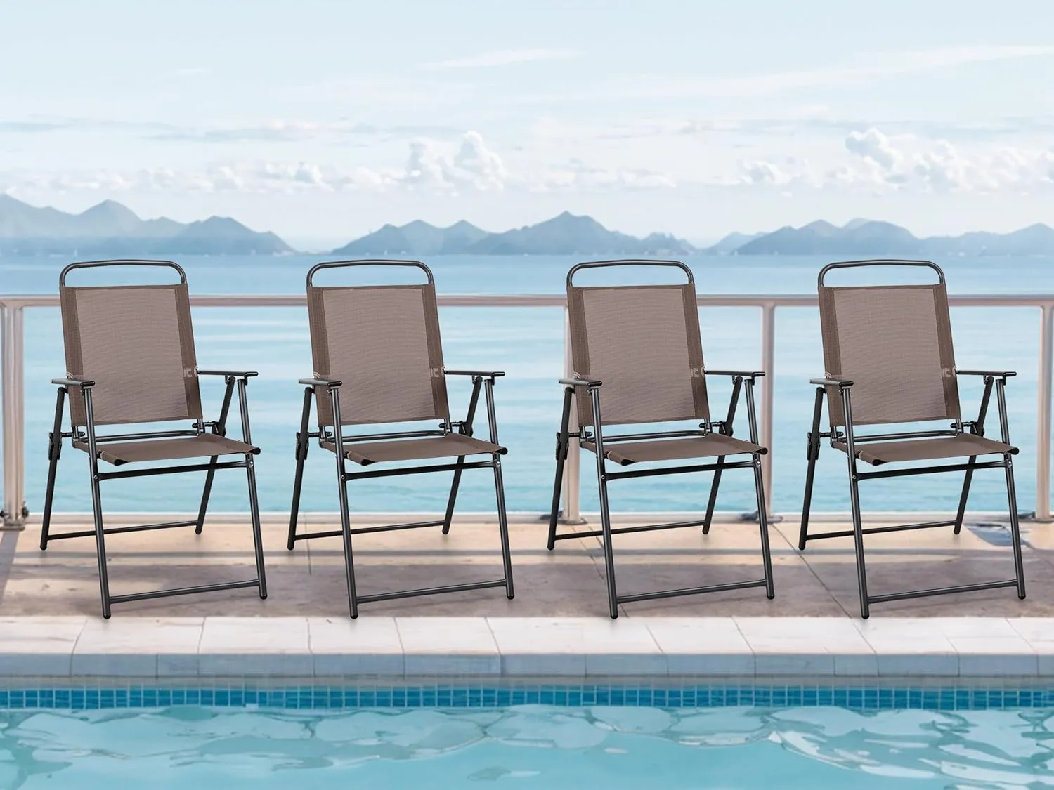 Meilocar 4 Pack Patio Folding Chairs, Outdoor Portable Dining Chairs, All Weather Lightweight Foldable Chair with Armrests for Lawn Garden Porch and Pool, Brown