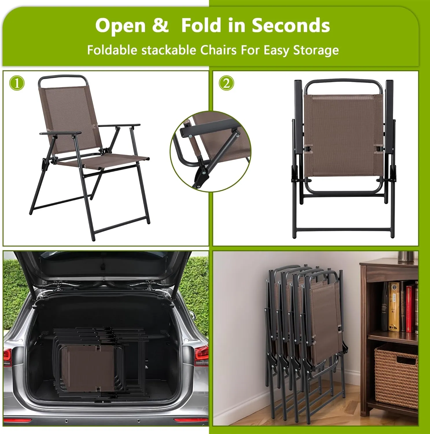 Meilocar 4 Pack Patio Folding Chairs, Outdoor Portable Dining Chairs, All Weather Lightweight Foldable Chair with Armrests for Lawn Garden Porch and Pool, Brown