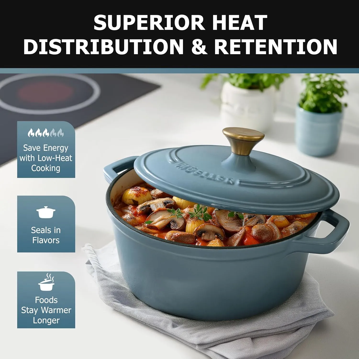 MÜELLERHOME 6 Quart Enameled Cast Iron Pot Dutch Oven, Heavy-Duty, Oven-Safe up to 500° F & Across All Cooktops, Bread Pan with Lid & Knob, Cast Iron Cookware, Blue Kitchen Accessories, Mineral Blue