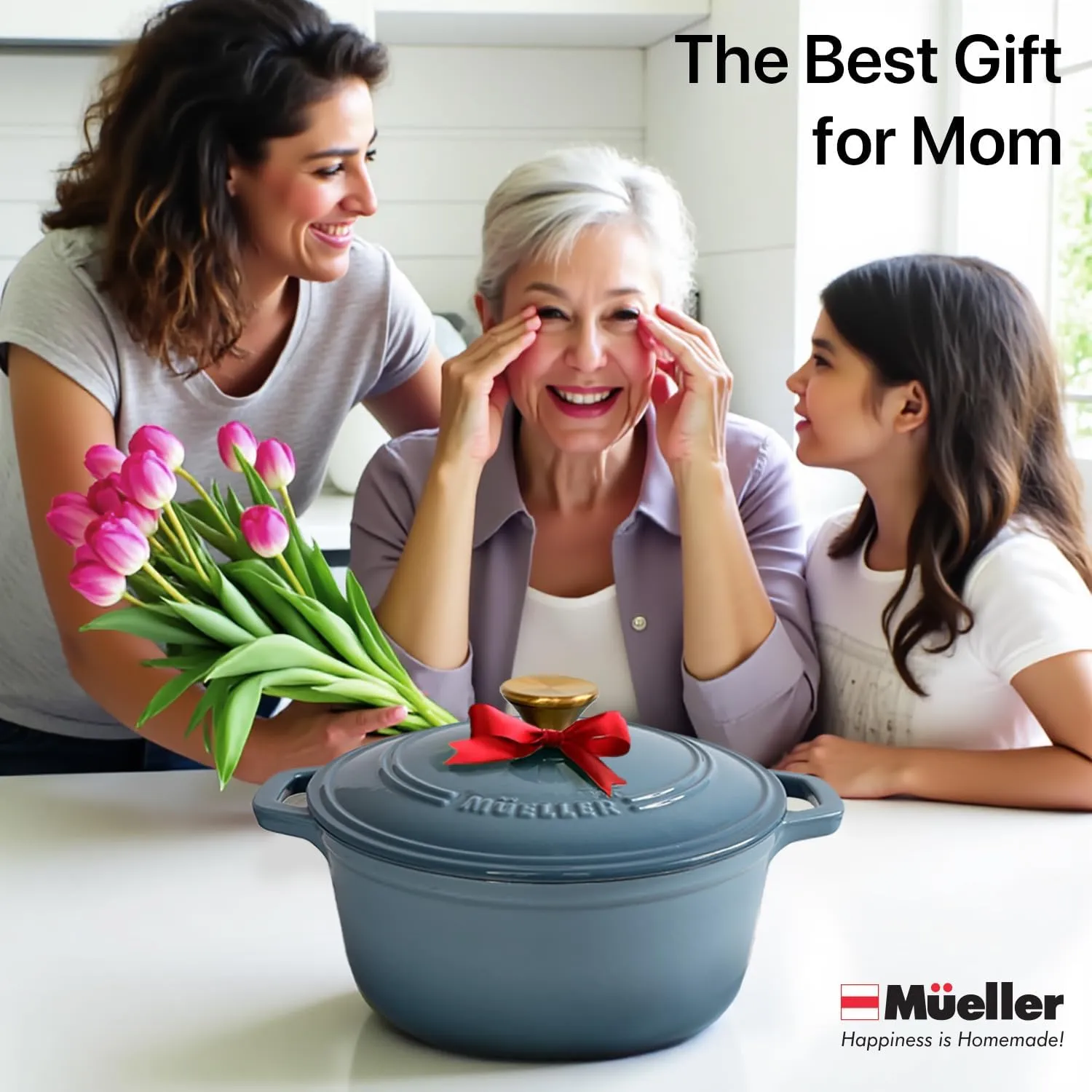 MÜELLERHOME 6 Quart Enameled Cast Iron Pot Dutch Oven, Heavy-Duty, Oven-Safe up to 500° F & Across All Cooktops, Bread Pan with Lid & Knob, Cast Iron Cookware, Blue Kitchen Accessories, Mineral Blue