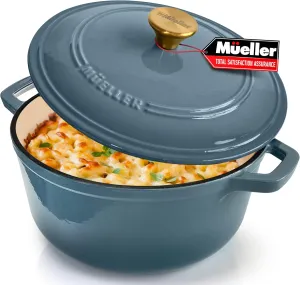 MÜELLERHOME 6 Quart Enameled Cast Iron Pot Dutch Oven, Heavy-Duty, Oven-Safe up to 500° F & Across All Cooktops, Bread Pan with Lid & Knob, Cast Iron Cookware, Blue Kitchen Accessories, Mineral Blue