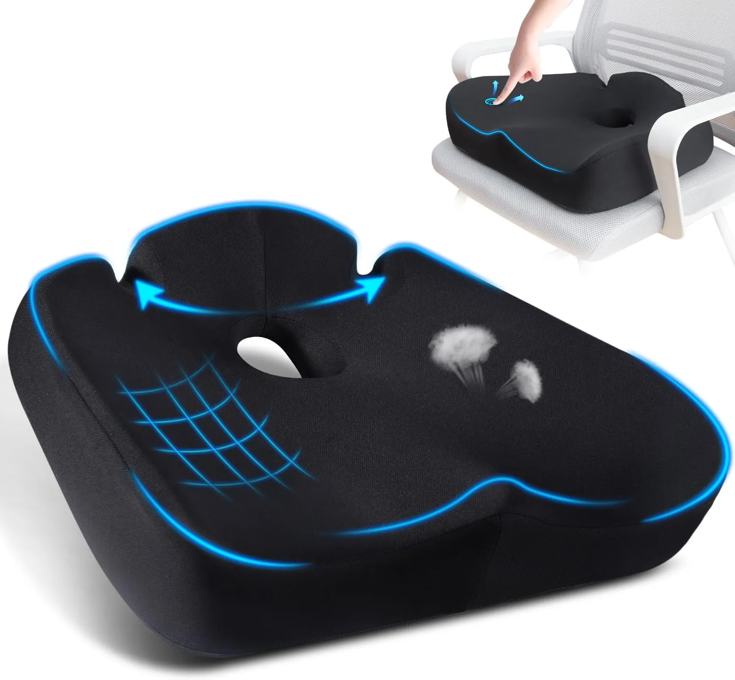 Memory Foam Seat Cushion for Tailbone Pain Relief –Office Chair Cushion for Coccyx, Sciatica & Pressure Relief –Large Chair Cushions for Car Seat, Airplane, Bleacher – Washable Non-Slip Cover (Black)