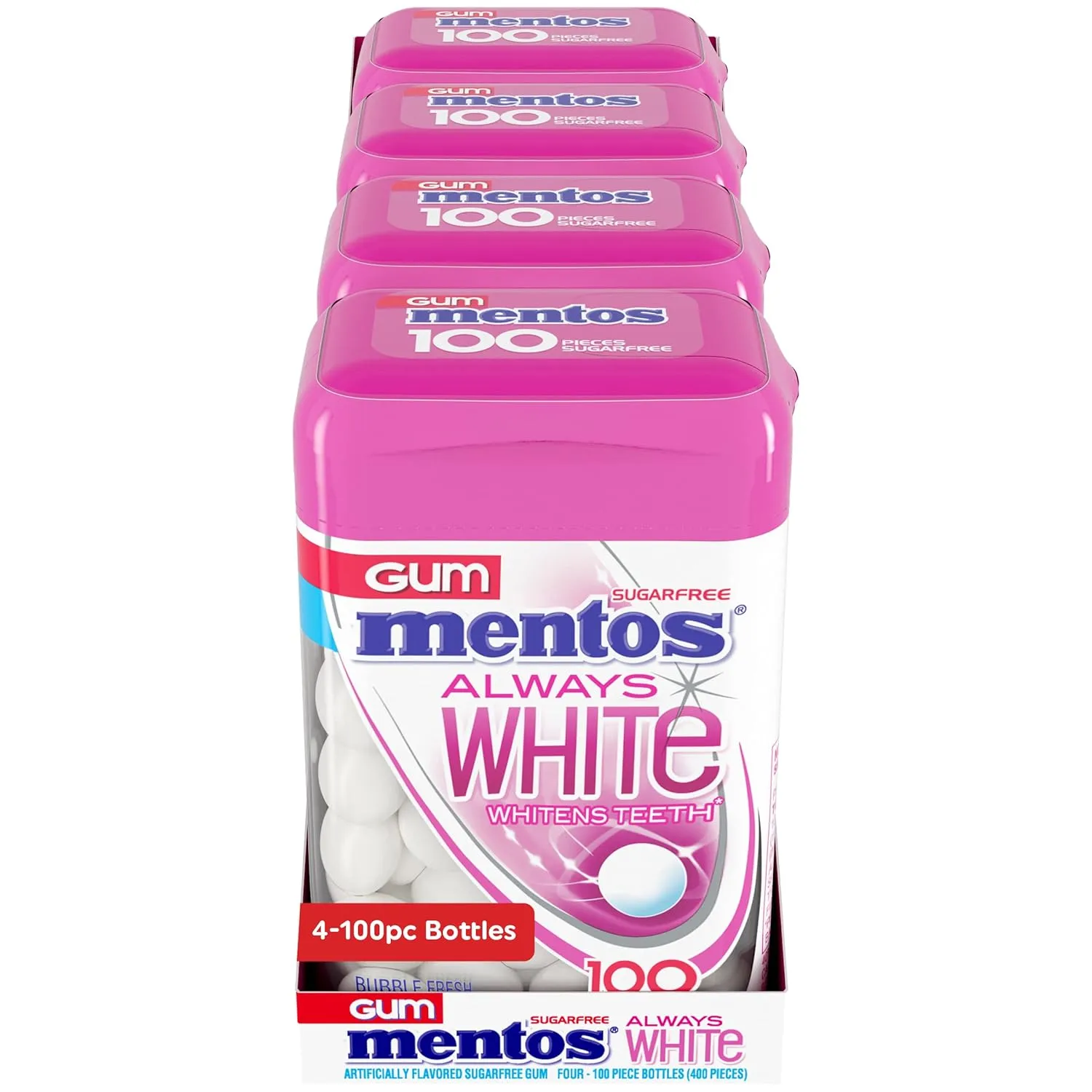 Mentos Always White Bubble Fresh Sugar Free Gum with Xylitol Sweetener, 100 Count Bottle, 4 Bottles