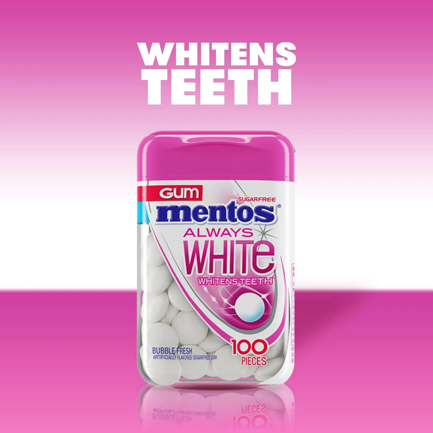 Mentos Always White Bubble Fresh Sugar Free Gum with Xylitol Sweetener, 100 Count Bottle, 4 Bottles