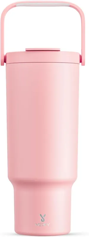 Meoky 40 oz Tumbler with Handle and Straw, Insulated Water Bottle, Stainless Steel Travel Mug, Keeps Cold for 34 Hours, 100% Leak Proof, Fits in Car Cup Holder (Blush)