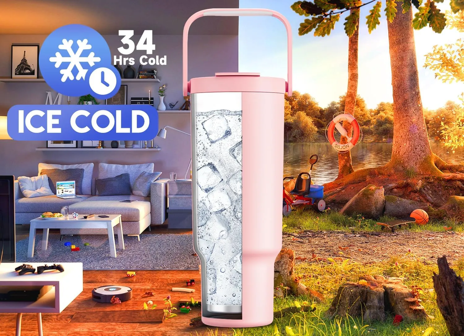 Meoky 40 oz Tumbler with Handle and Straw, Insulated Water Bottle, Stainless Steel Travel Mug, Keeps Cold for 34 Hours, 100% Leak Proof, Fits in Car Cup Holder (Blush)
