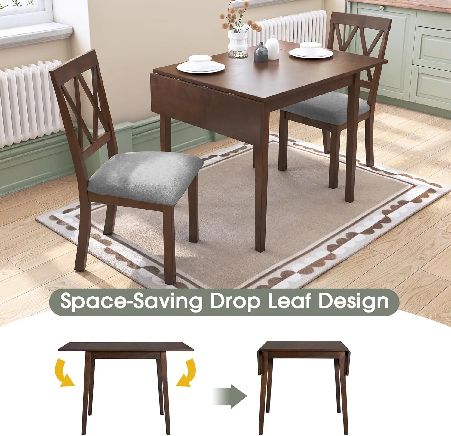 Merax Farmhouse Wooden Dining Set of 5, 29"- 45" Extendable Dining Table with Drop Leaf, 4 Upholstered Chairs for Kitchen,Space Saving, Brown