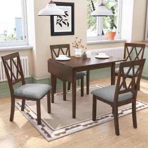 Merax Farmhouse Wooden Dining Set of 5, 29"- 45" Extendable Dining Table with Drop Leaf, 4 Upholstered Chairs for Kitchen,Space Saving, Brown