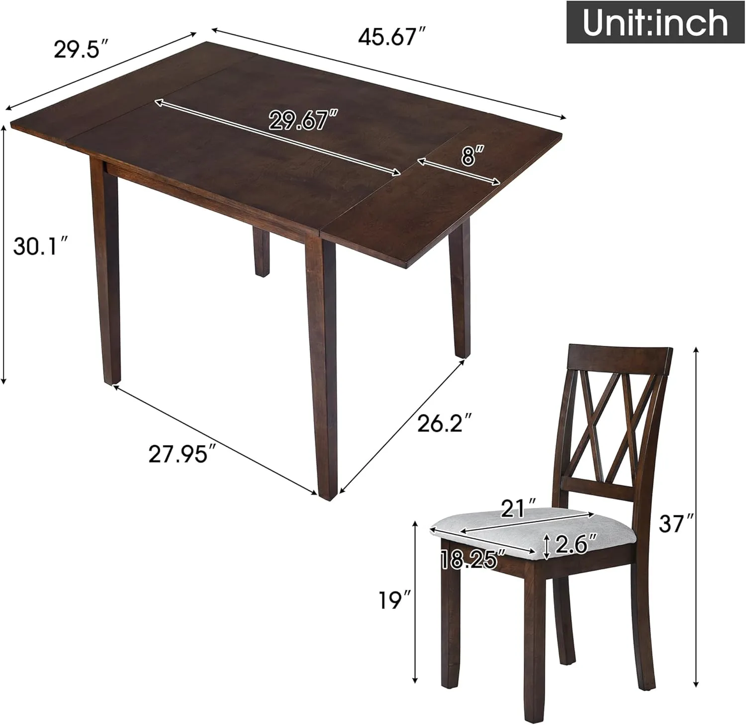 Merax Farmhouse Wooden Dining Set of 5, 29"- 45" Extendable Dining Table with Drop Leaf, 4 Upholstered Chairs for Kitchen,Space Saving, Brown