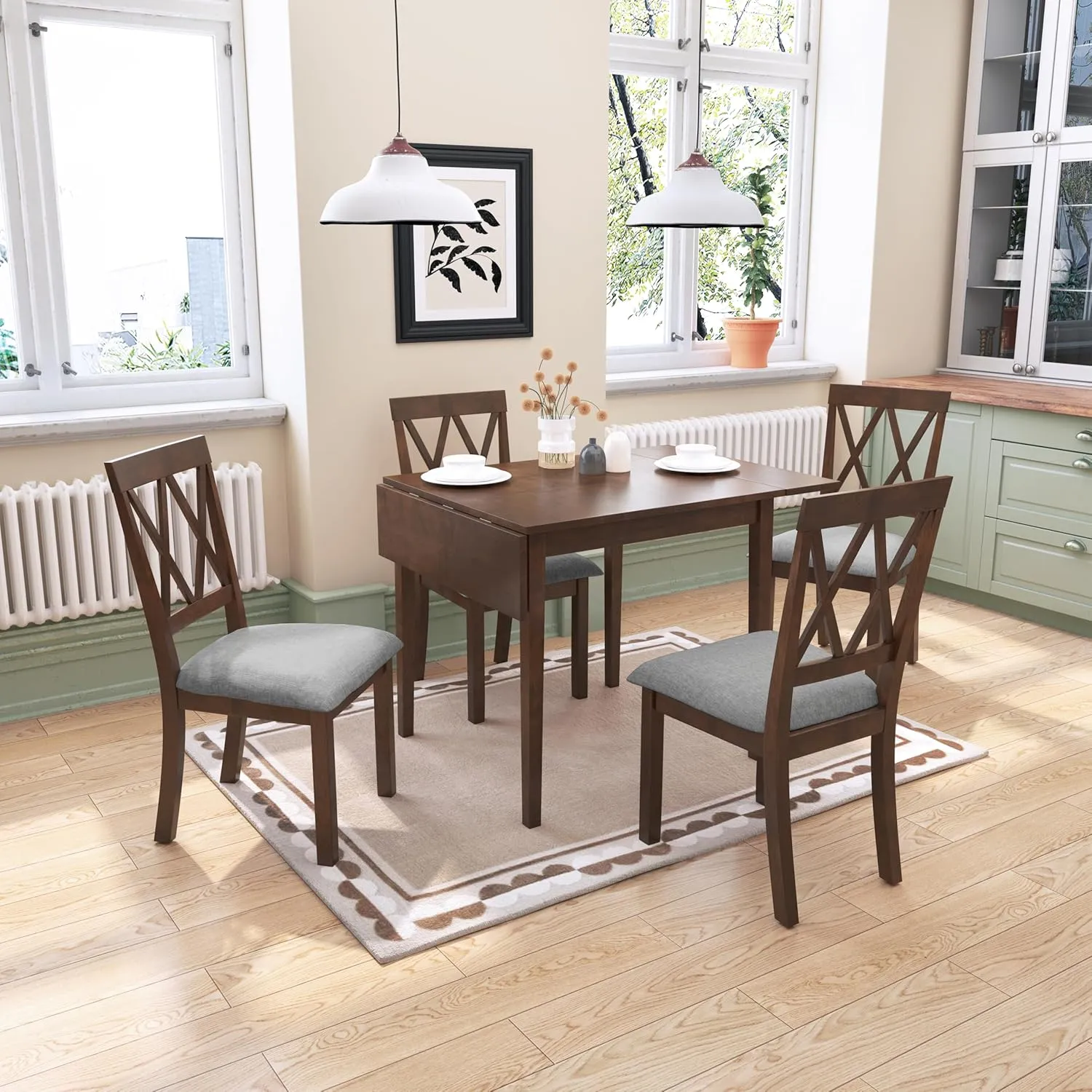 Merax Farmhouse Wooden Dining Set of 5, 29"- 45" Extendable Dining Table with Drop Leaf, 4 Upholstered Chairs for Kitchen,Space Saving, Brown