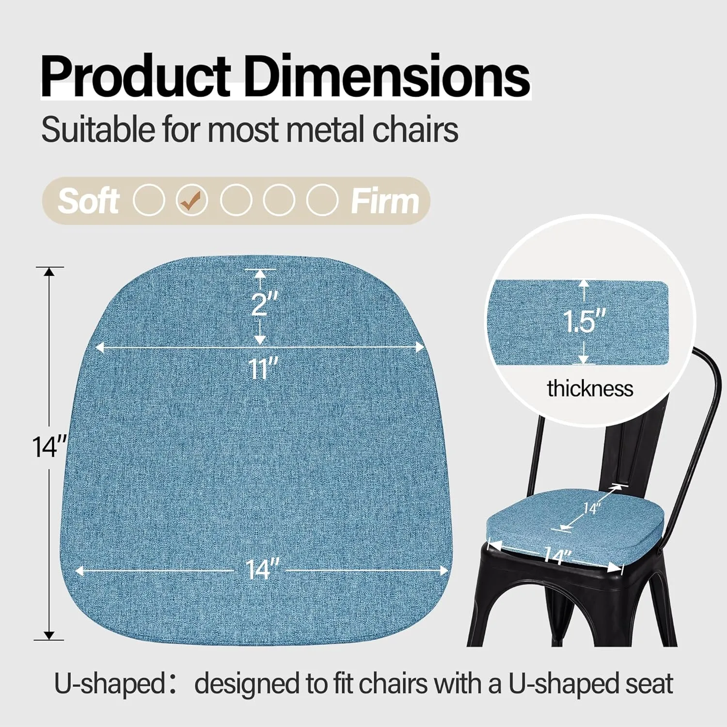 Metal Chair Cushions Set of 4, 14x14 Seat Cushion for Metal Dining Chairs 14 Inch Small Tolix Chair Pads, Blue