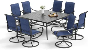 MFSTUDIO 9 Pieces Patio Dining Sets,Outdoor Furniture Set Including 1x 60 Square Table and 6 Padded Sling Swivel Chairs Metal Dining Set for Backyard,Blue