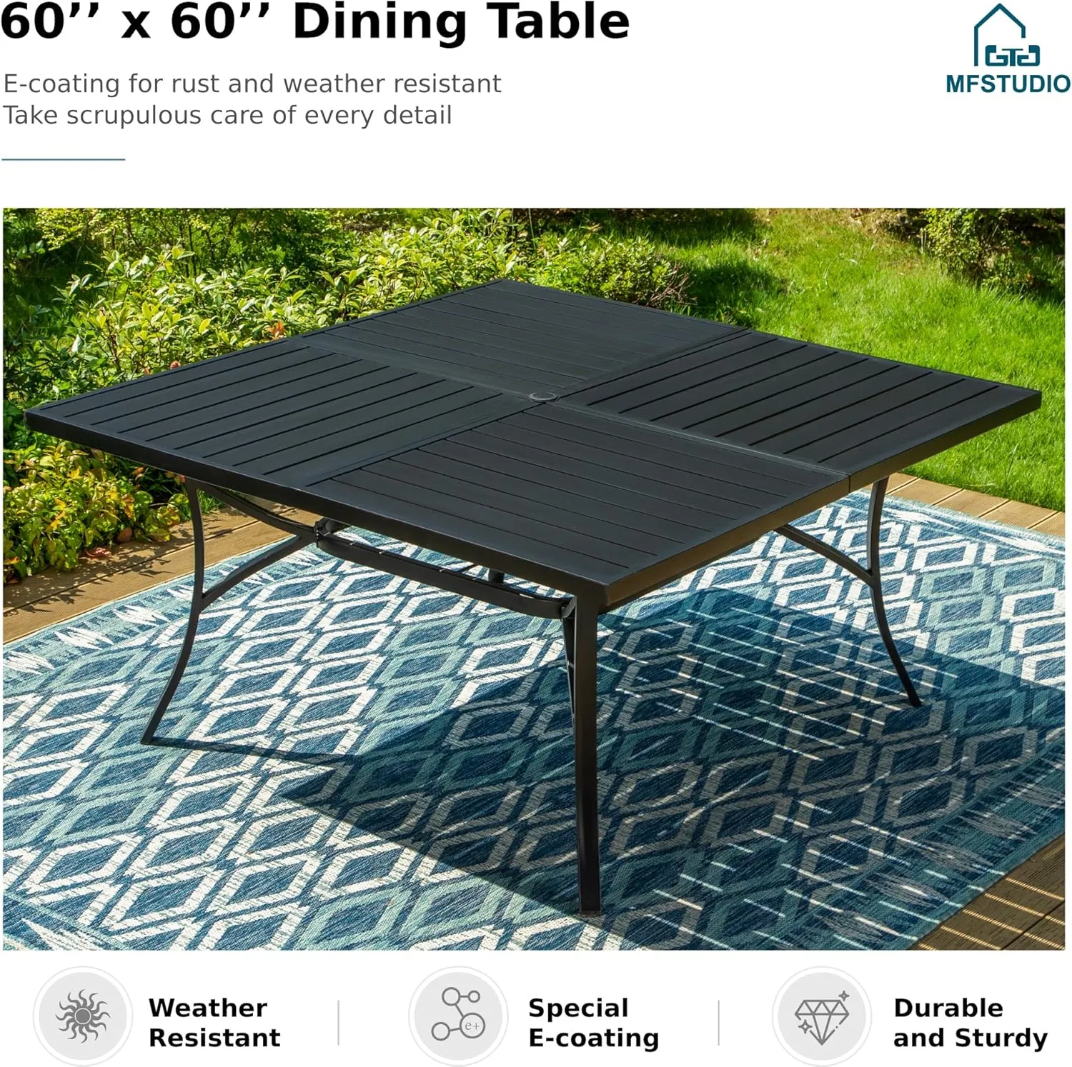 MFSTUDIO 9 Pieces Patio Dining Sets,Outdoor Furniture Set Including 1x 60 Square Table and 6 Padded Sling Swivel Chairs Metal Dining Set for Backyard,Blue