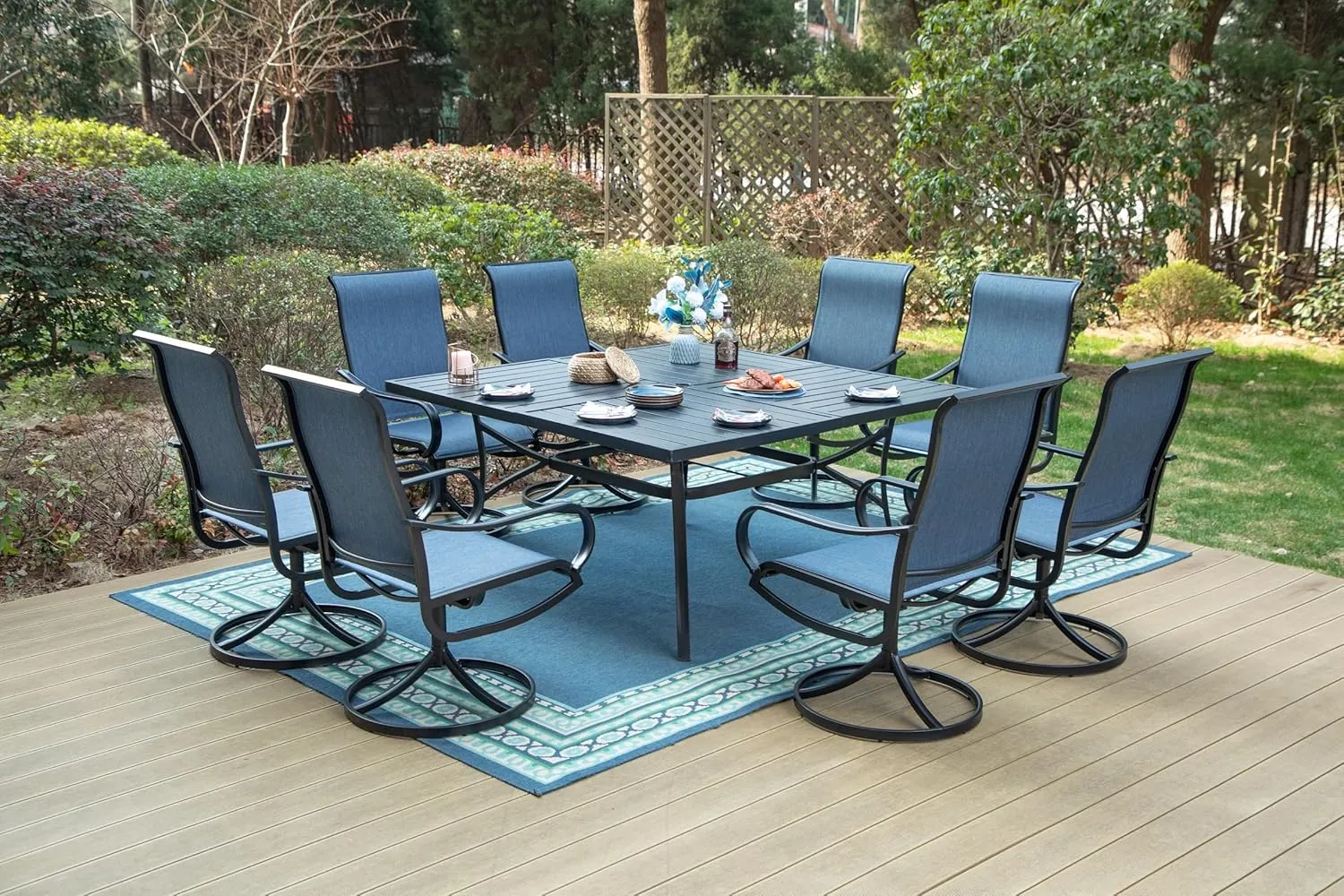 MFSTUDIO 9 Pieces Patio Dining Sets,Outdoor Furniture Set Including 1x 60 Square Table and 6 Padded Sling Swivel Chairs Metal Dining Set for Backyard,Blue