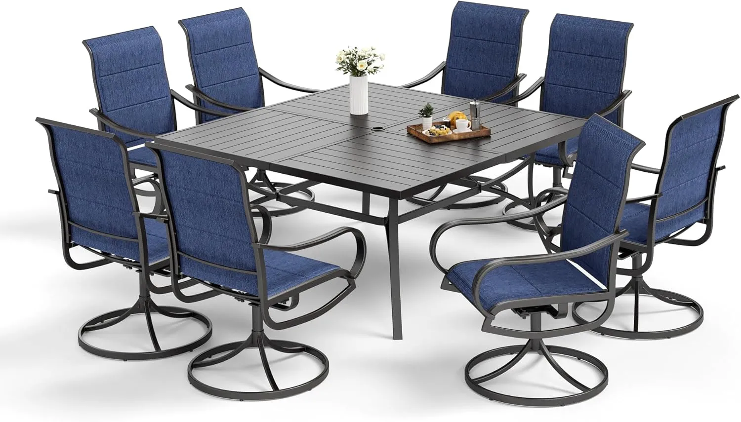 MFSTUDIO 9 Pieces Patio Dining Sets,Outdoor Furniture Set Including 1x 60 Square Table and 6 Padded Sling Swivel Chairs Metal Dining Set for Backyard,Blue
