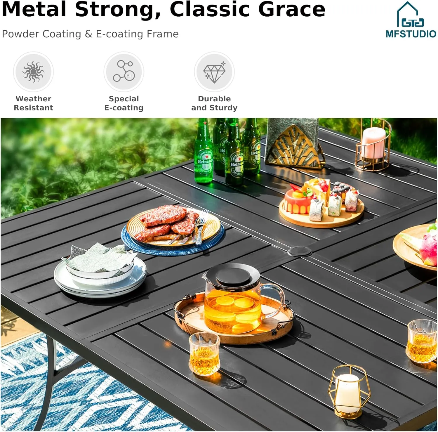 MFSTUDIO 9 Pieces Patio Dining Sets,Outdoor Furniture Set Including 1x 60 Square Table and 6 Padded Sling Swivel Chairs Metal Dining Set for Backyard,Blue