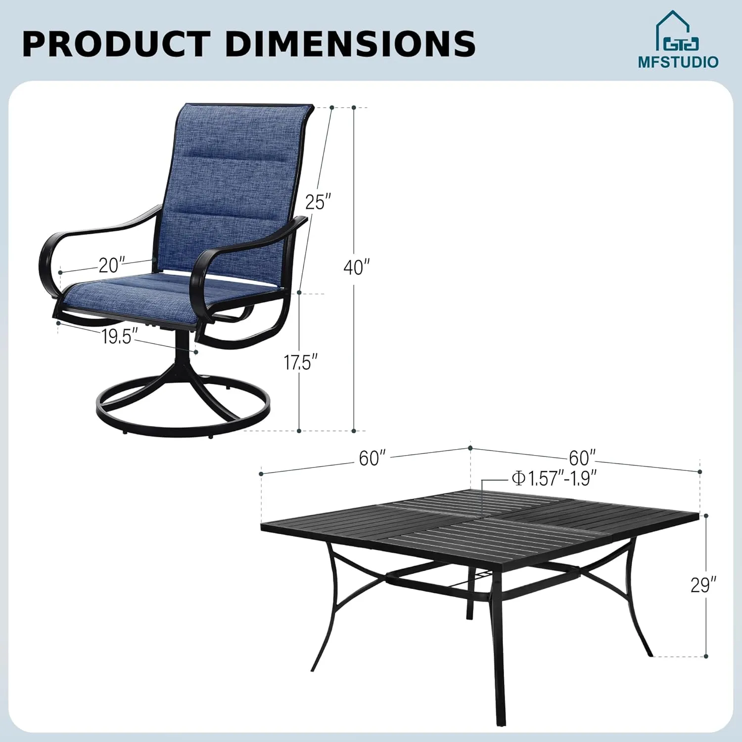 MFSTUDIO 9 Pieces Patio Dining Sets,Outdoor Furniture Set Including 1x 60 Square Table and 6 Padded Sling Swivel Chairs Metal Dining Set for Backyard,Blue