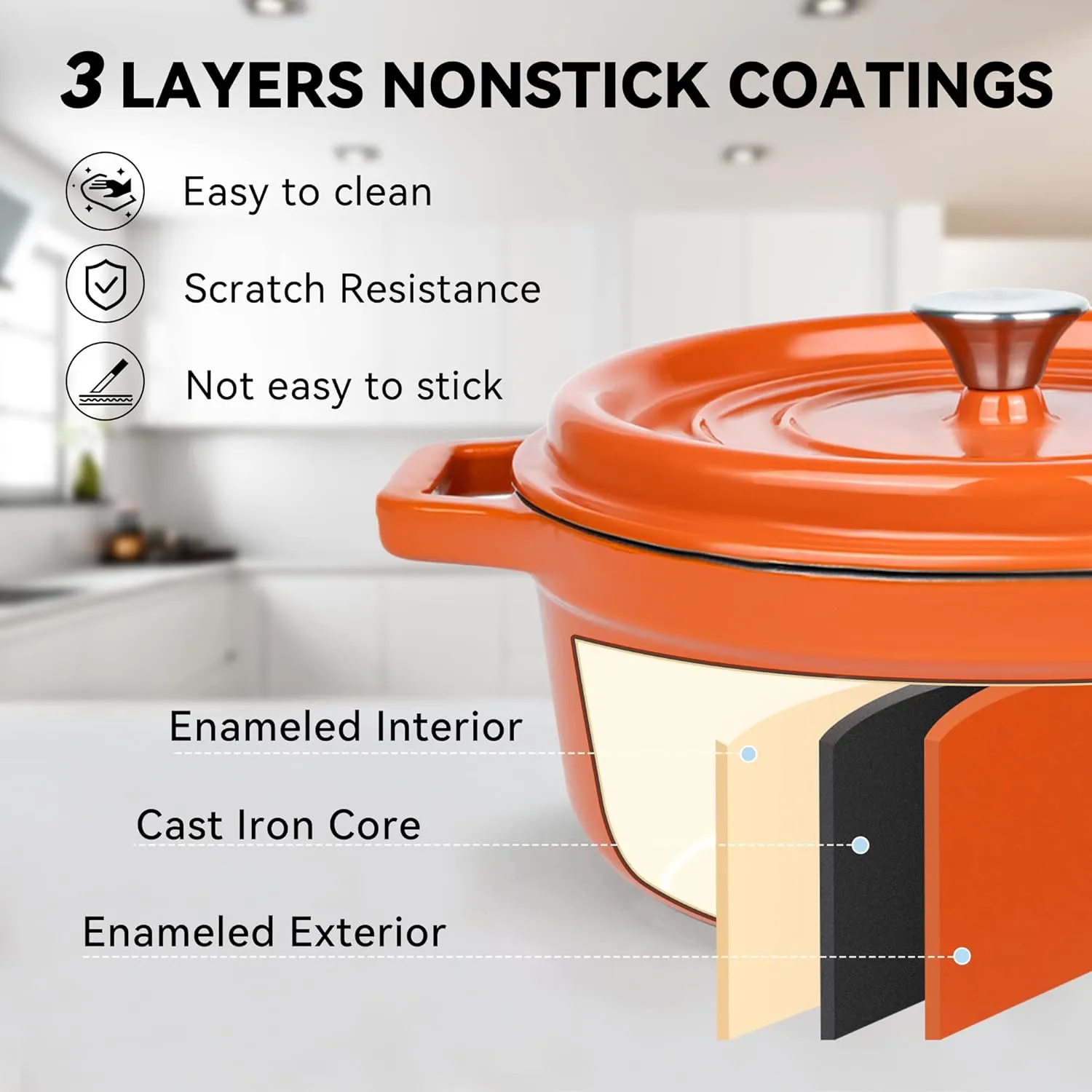 Miereirl 6.5 Quart Enameled Dutch Oven Pot with Lid, Cast Iron Dutch Oven with Dual Handles for Bread Baking, Cooking, Non-stick Enamel Coated Cookware (Orange)