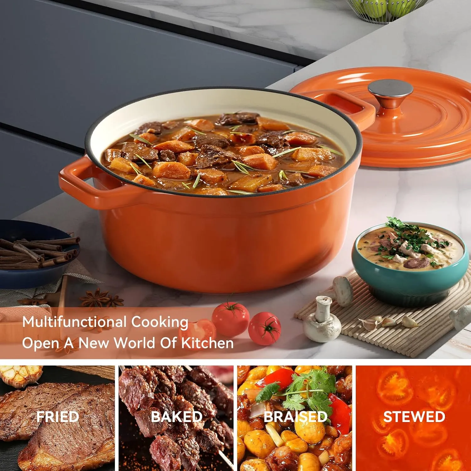 Miereirl 6.5 Quart Enameled Dutch Oven Pot with Lid, Cast Iron Dutch Oven with Dual Handles for Bread Baking, Cooking, Non-stick Enamel Coated Cookware (Orange)