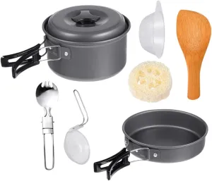 Mikikit 1-2 Person Camping Cookware Set Portable Outdoor Pot Pan Easy Clean Cooking Supplies for Hiking BBQ
